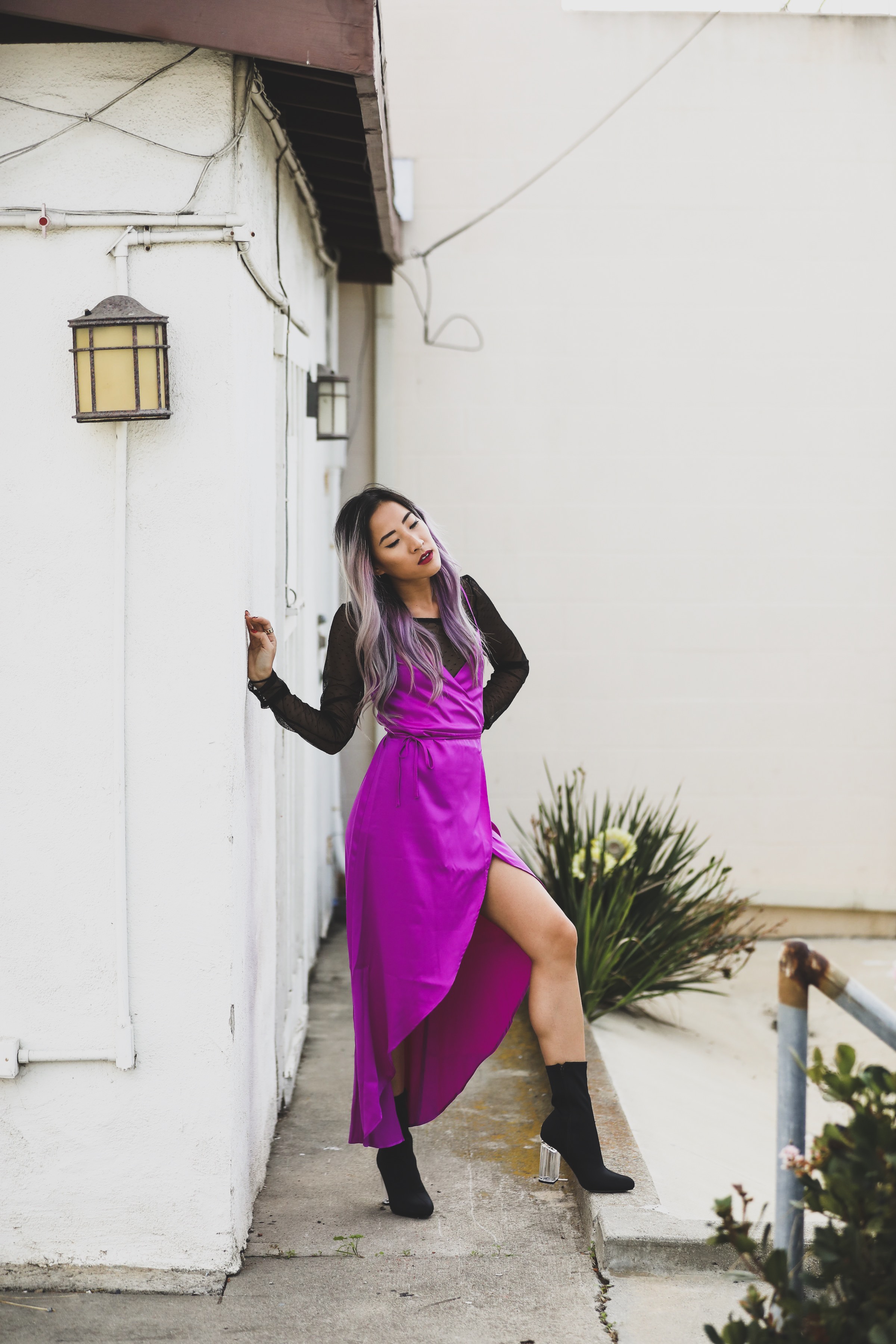 Holiday Style with a Sheer Top, Magenta Satin and Lucite Booties