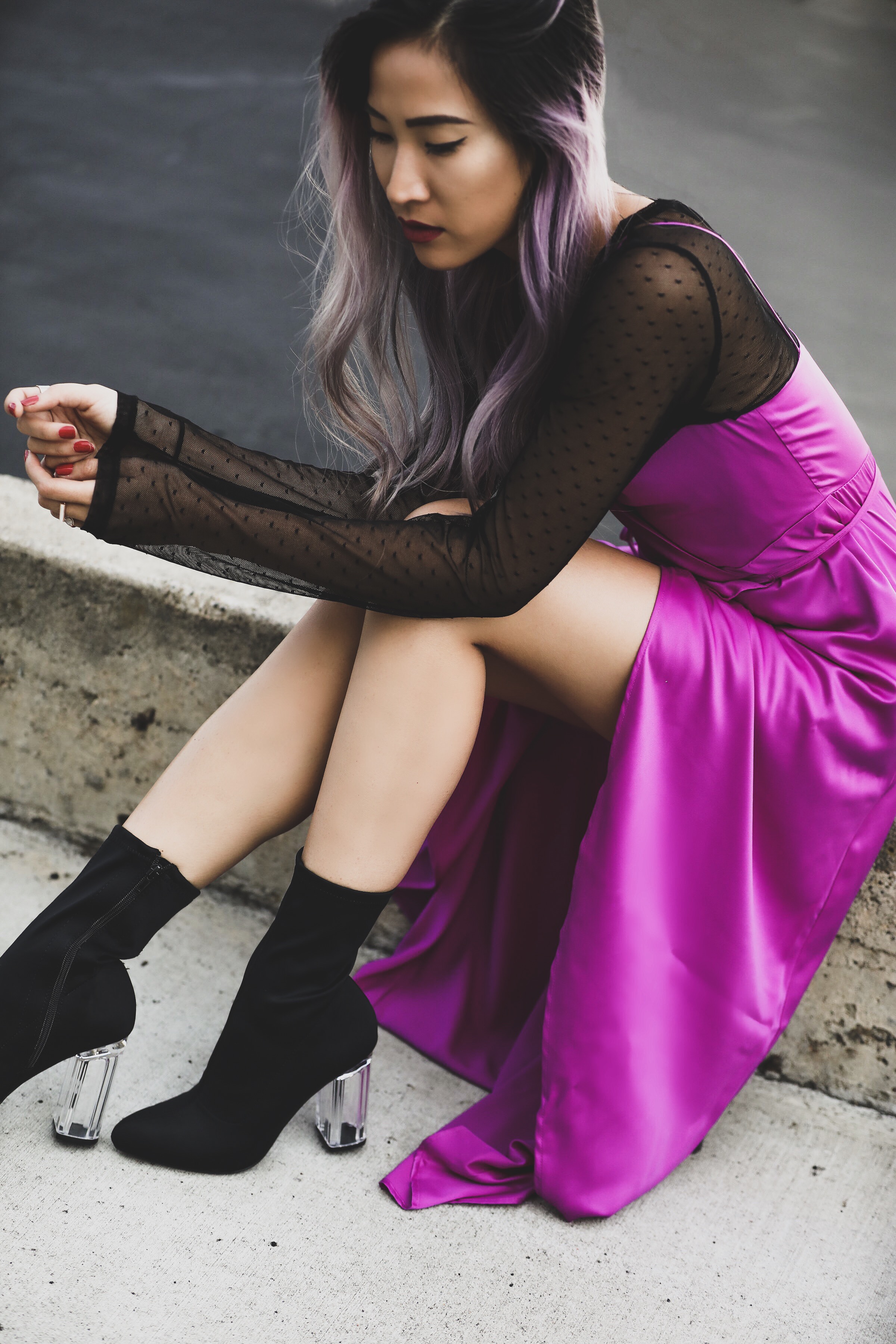 Magenta Satin and Lucite Booties ...