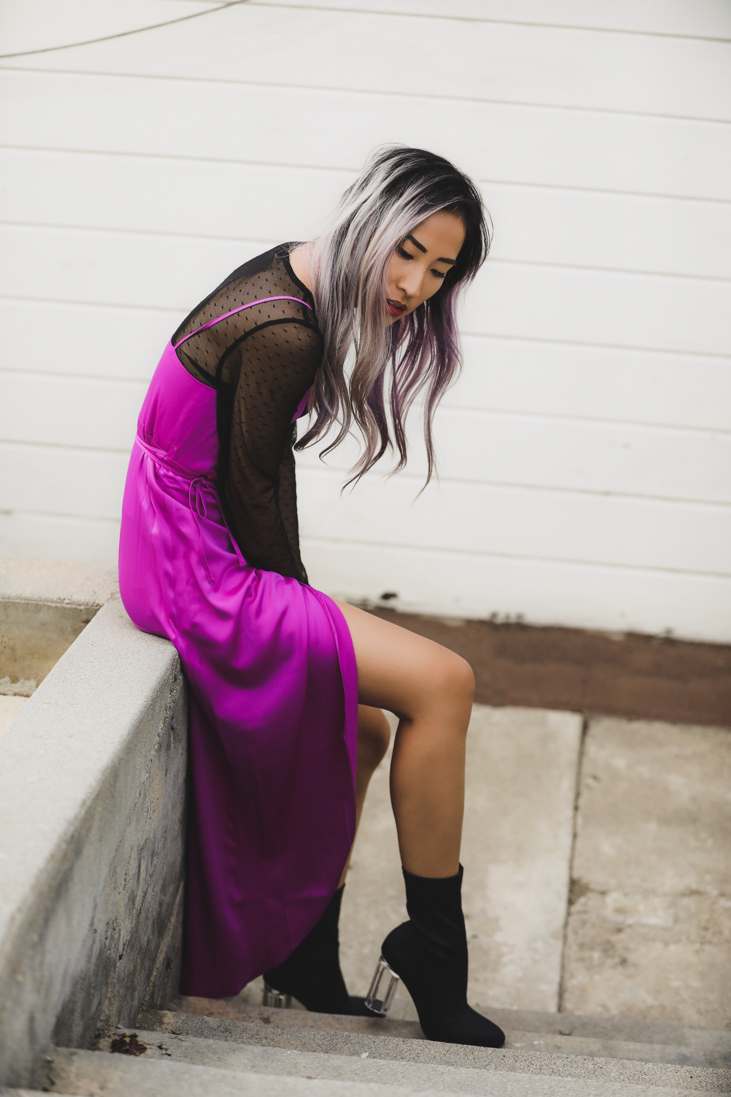 Holiday Style with a Sheer Top, Magenta Satin and Lucite Booties — AMANDA N  HAMMOND