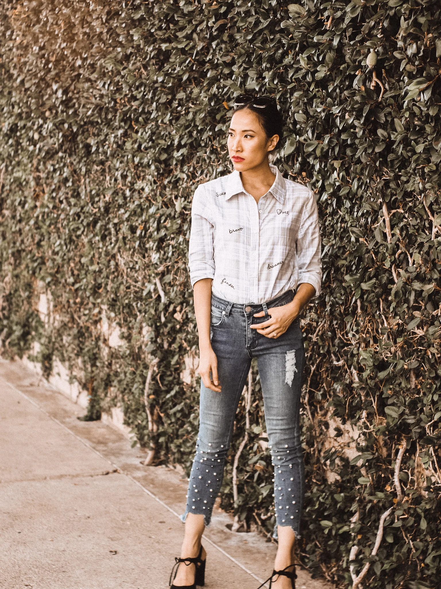 Embroidered Button Up and Embellished Jeans Outfit 