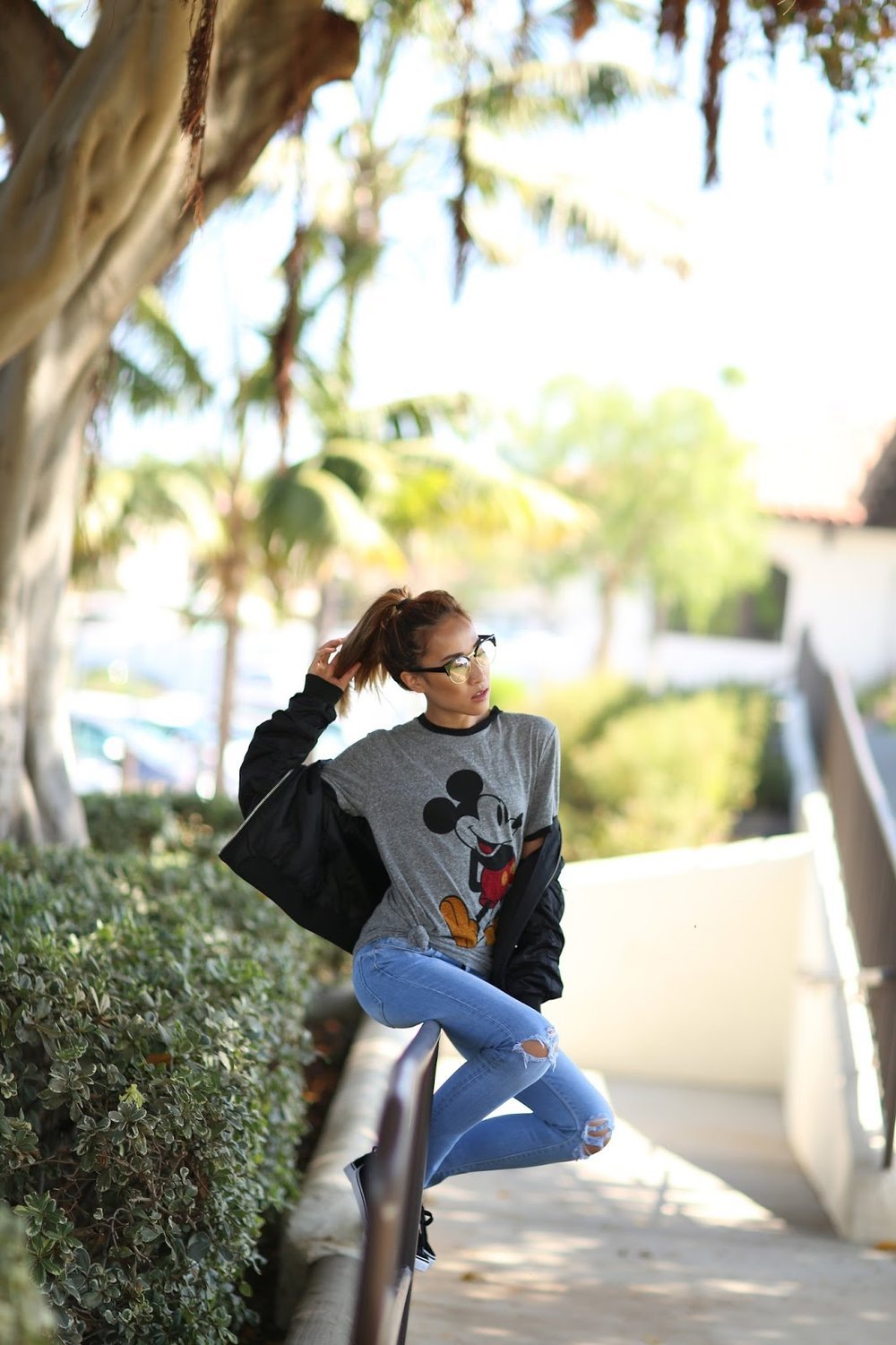 Mickey Mouse Graphic Tee, Bomber Jacket, Ripped Jeans and Sneakers for Back to School