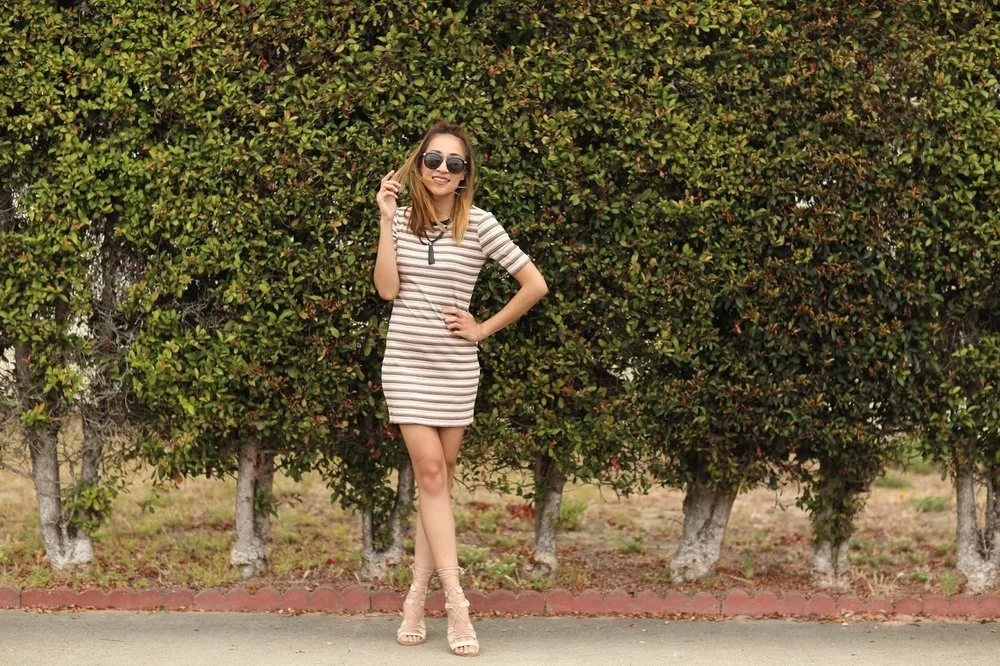 Summer Striped Dress and Nude Lace Up Sandals 