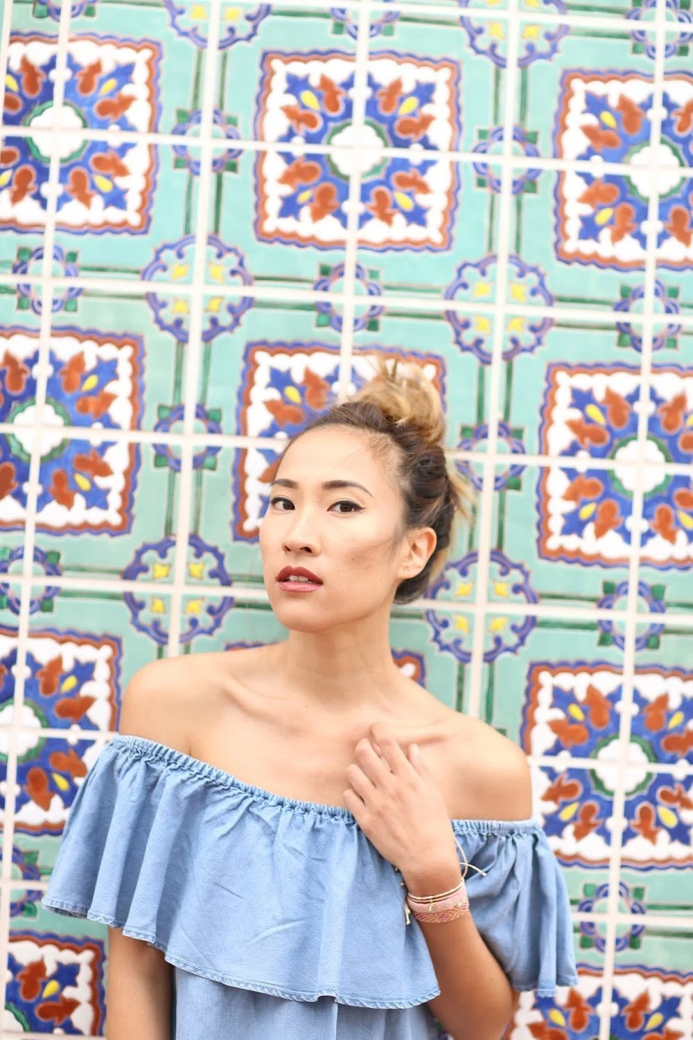 Chambray Off the Shoulder Dress &amp; Sandals for Summer