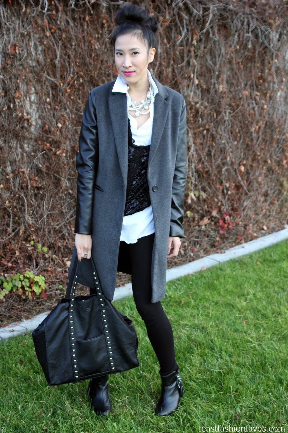 Layered Black and White Outfit with Stud Details