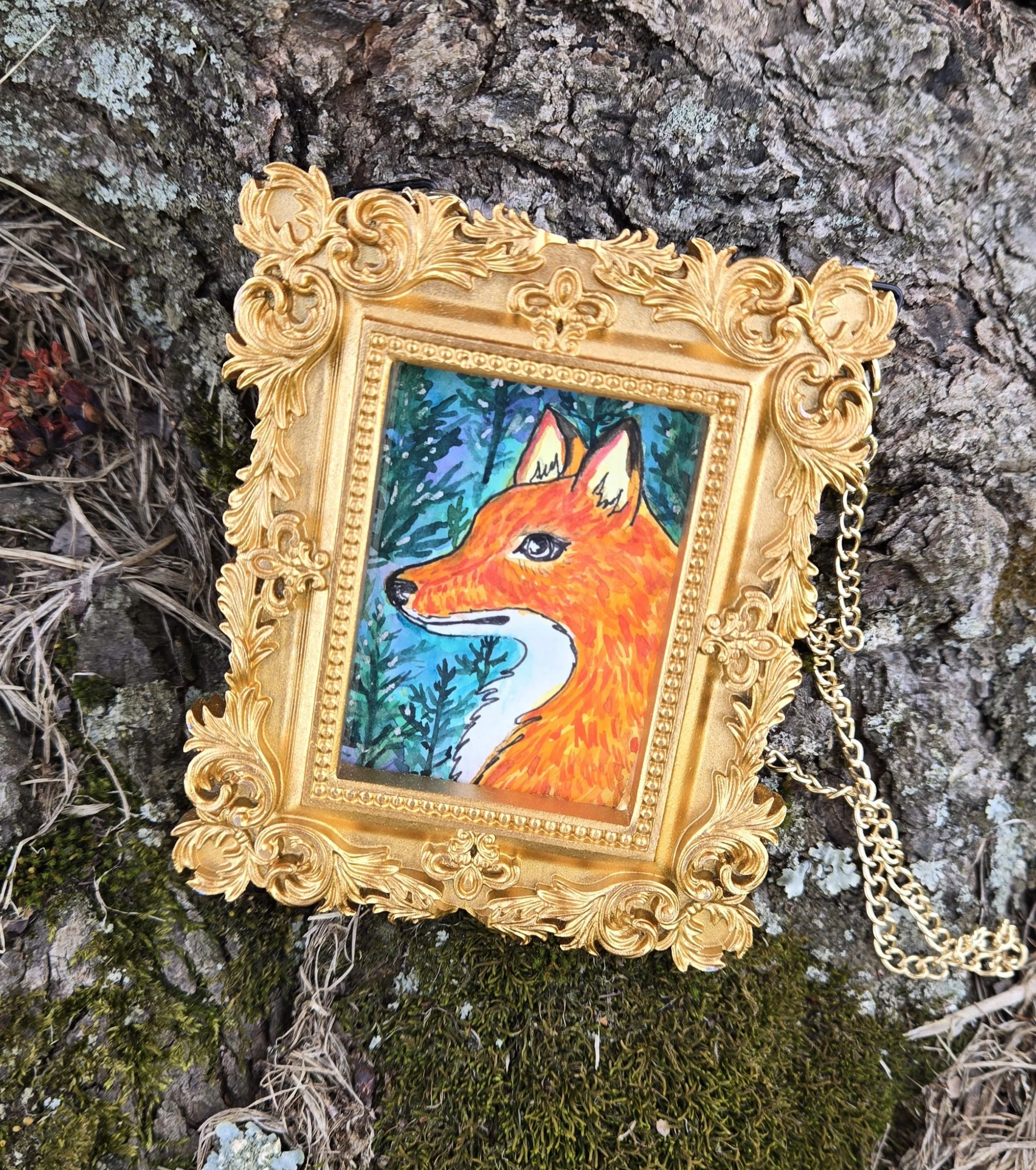 Original Watercolor Painting Mini, Fox and the Pines