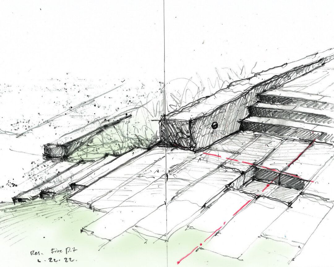 Concept sketch for a residential fire-pit, to be built with reclaimed granite plank pavers and field stone walls - by @mvla.ltd Landscape Architect, K. Thomas Baker.  Drawn on the airplane on the way to visit the site in coastal Rhode island. ​​​​​​​