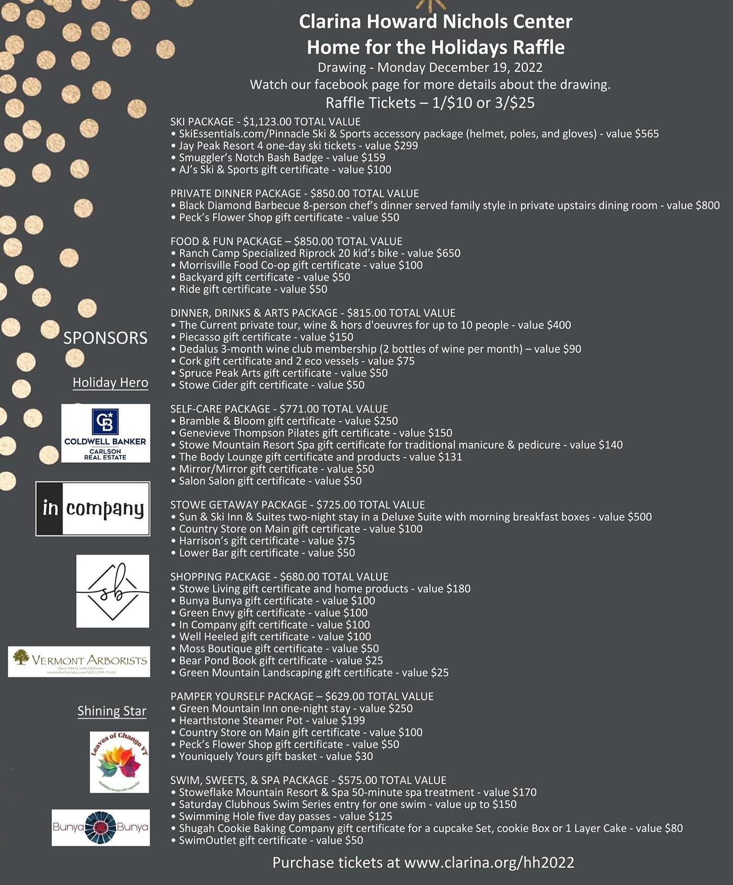 We are proud to be a sponsor for the Clarina Howard Nichols Center &ldquo;Home for the Holidays&rdquo; benefit raffle!  Enlarge the photo to check out these incredible prize packages. Stop by In Company to buy your raffle tickets or visit www.Clarina