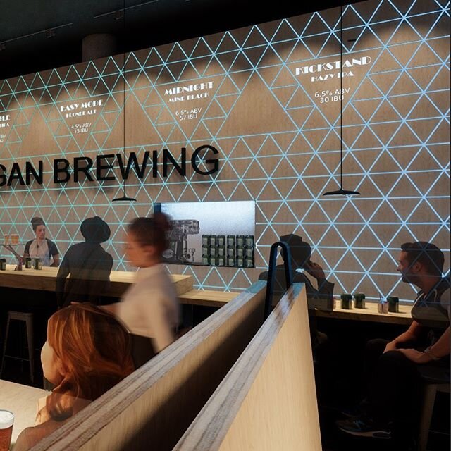 A rendering of Logan Brewing brewery and tap room, inspired by video games the look is a mix of cozy+Pacific Northwest+dash of quirky, Tron-like flair.  @loganbrewing is a Burien brewery with delicious hand-crafted beer brewed with local ingredients 