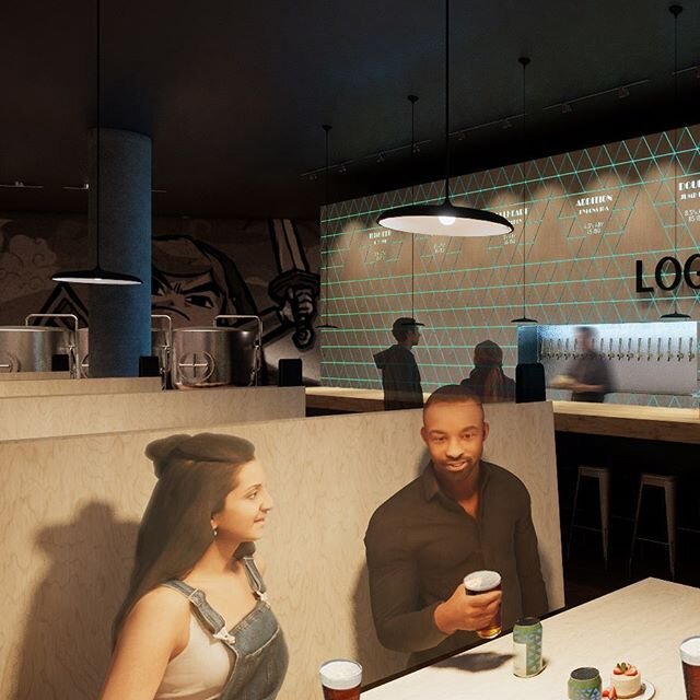 A rendering of Logan Brewing brewery and tap room. Inspired by video games, the look is a mix of cozy + Pacific Northwest + dash of quirky, Tron-like flair.  @loganbrewing is a Burien brewery with delicious hand-crafted beer brewed with local ingredi