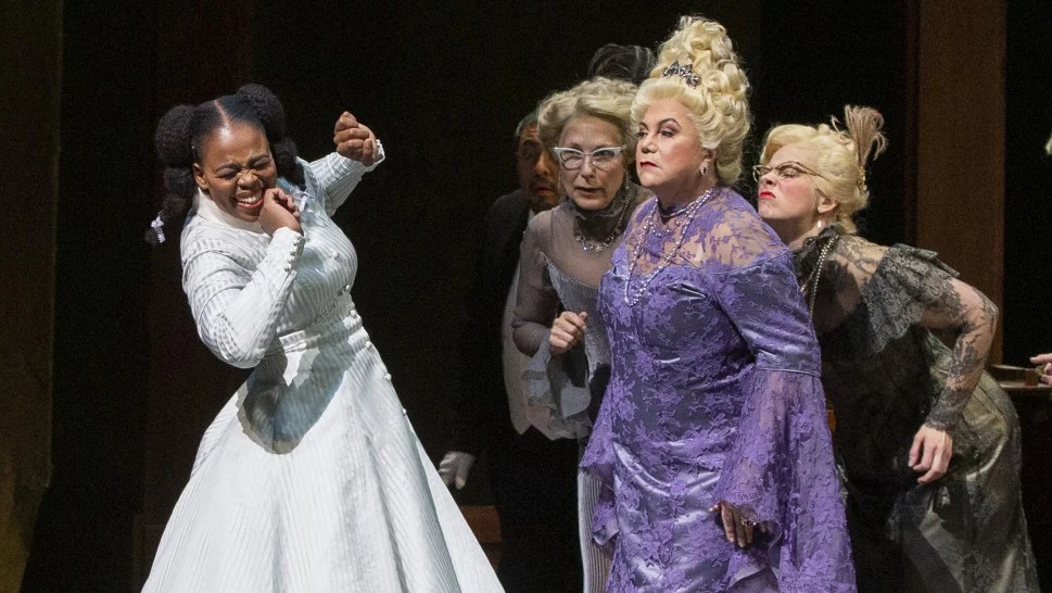 Pretty Yende, soprano, as Marie, and Kathleen Turner as the Duchess of Krakenthorp. Photo by Marty Sohl, Metropolitan Opera.