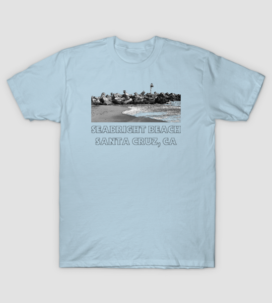 Seabright Beach, Santa Cruz Men's T-Shirt. Men's Seabright Beach retro-styled short sleeve T-shirt available in a variety of colors, sizes, fits and styles. (Classic T-Shirt shown here in Light Blue.) Order Here. Reg: $20 - $35 NOTE: Some styles run small. Available in Kids and Toddler versions.