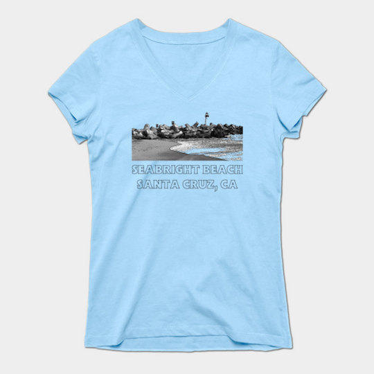 Seabright Beach, Santa Cruz Women's T-Shirt. Women’s Seabright Beach retro-styled short sleeve T-shirt available in a variety of colors, sizes, fits and styles. (V-Neck T-Shirt shown here in Light Blue.) Order Here. Reg: $20 - $30 NOTE: Some styles run small. Available in Kids and Toddler versions.