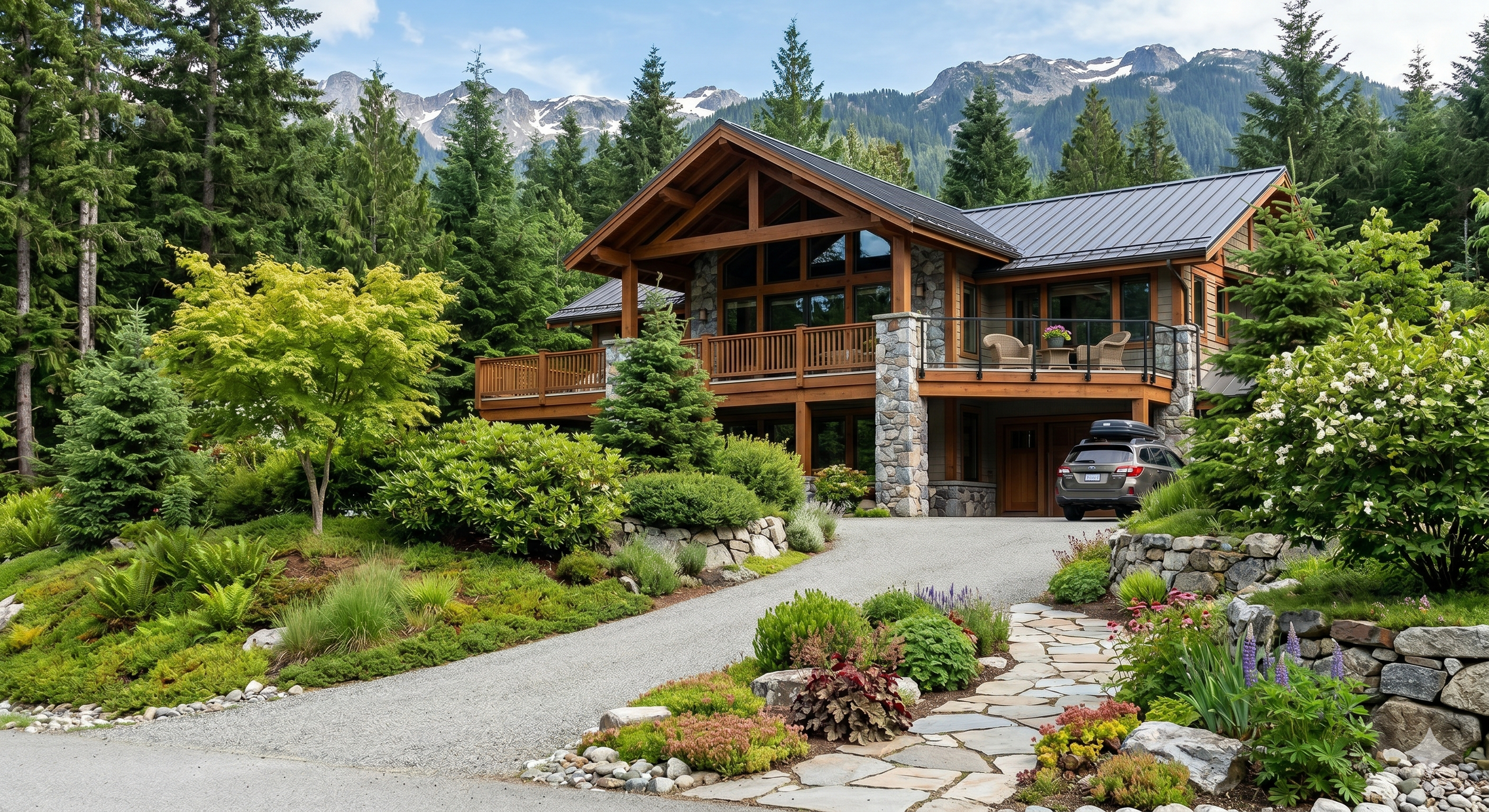 A two-story mountain house with large windows and a wooden deck surrounded by lush greenery and mountain scenery.