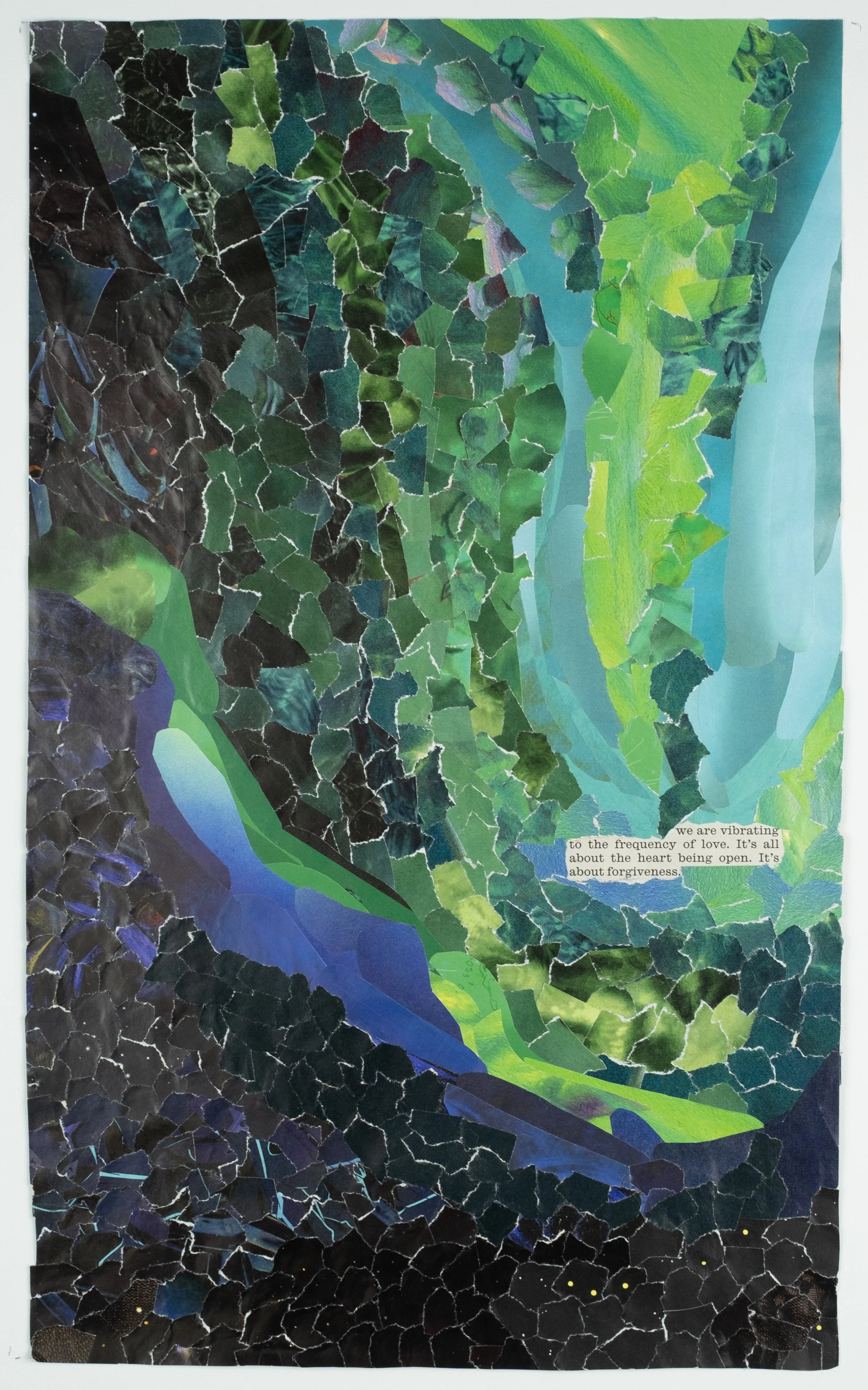   Vibrating To The Frequency of Love,  2025 collage on paper, 10 × 16.5 in. 