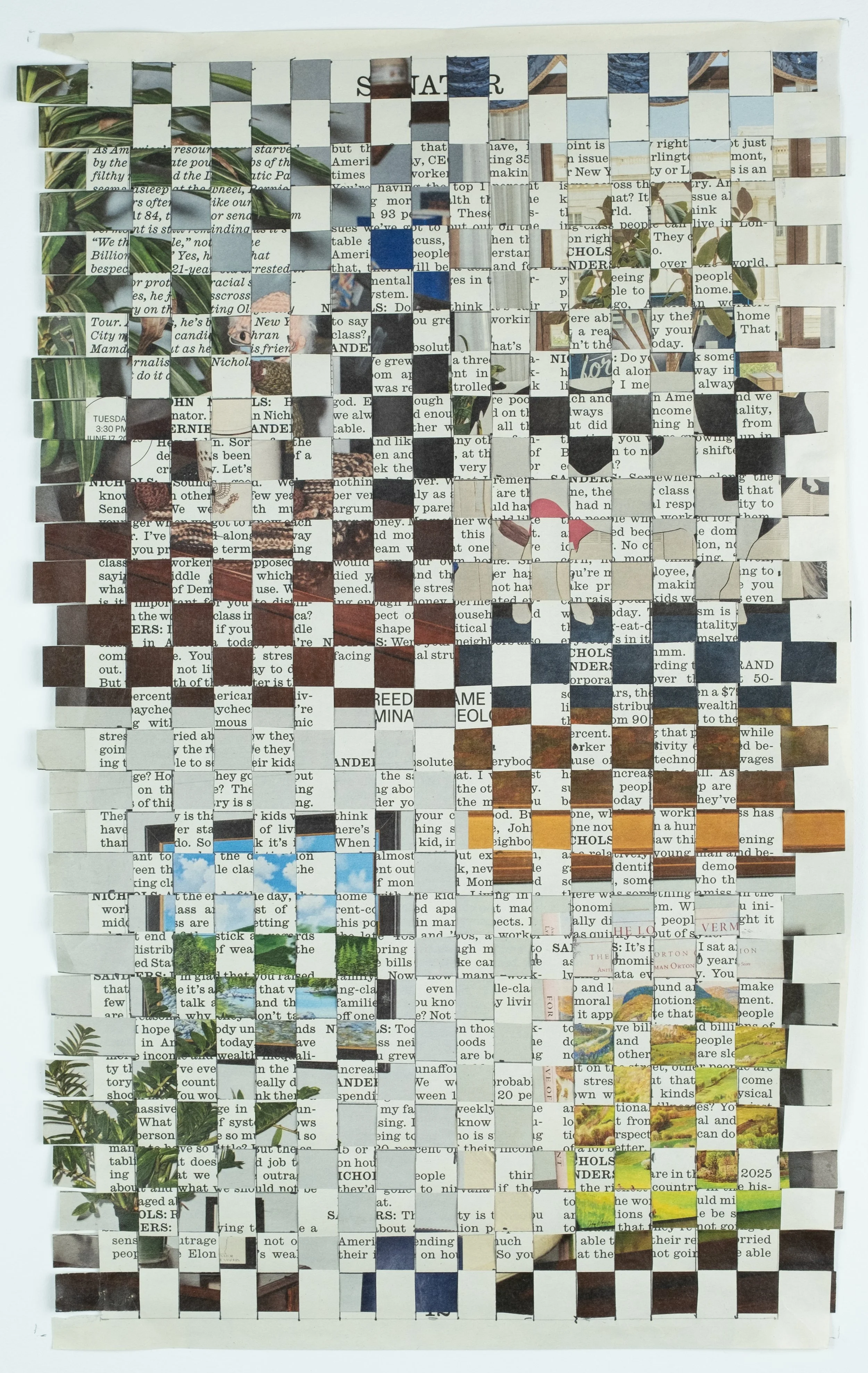   Bernie (back) , 2026 woven Interview Magazine pages, 10 × 16.5 in. 