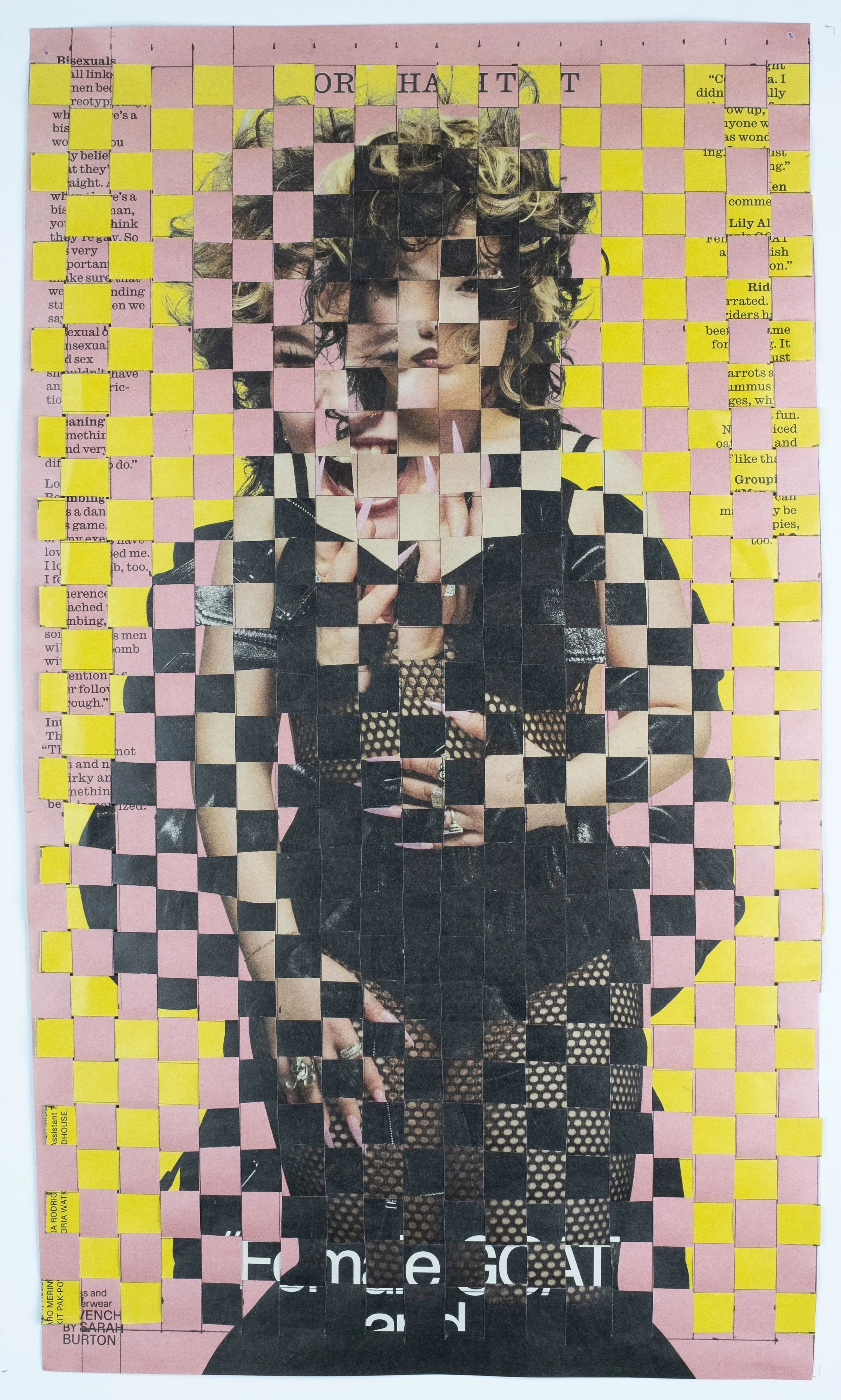   Lola (front) , 2026 woven Interview Magazine pages, 10 × 16.5 in. 
