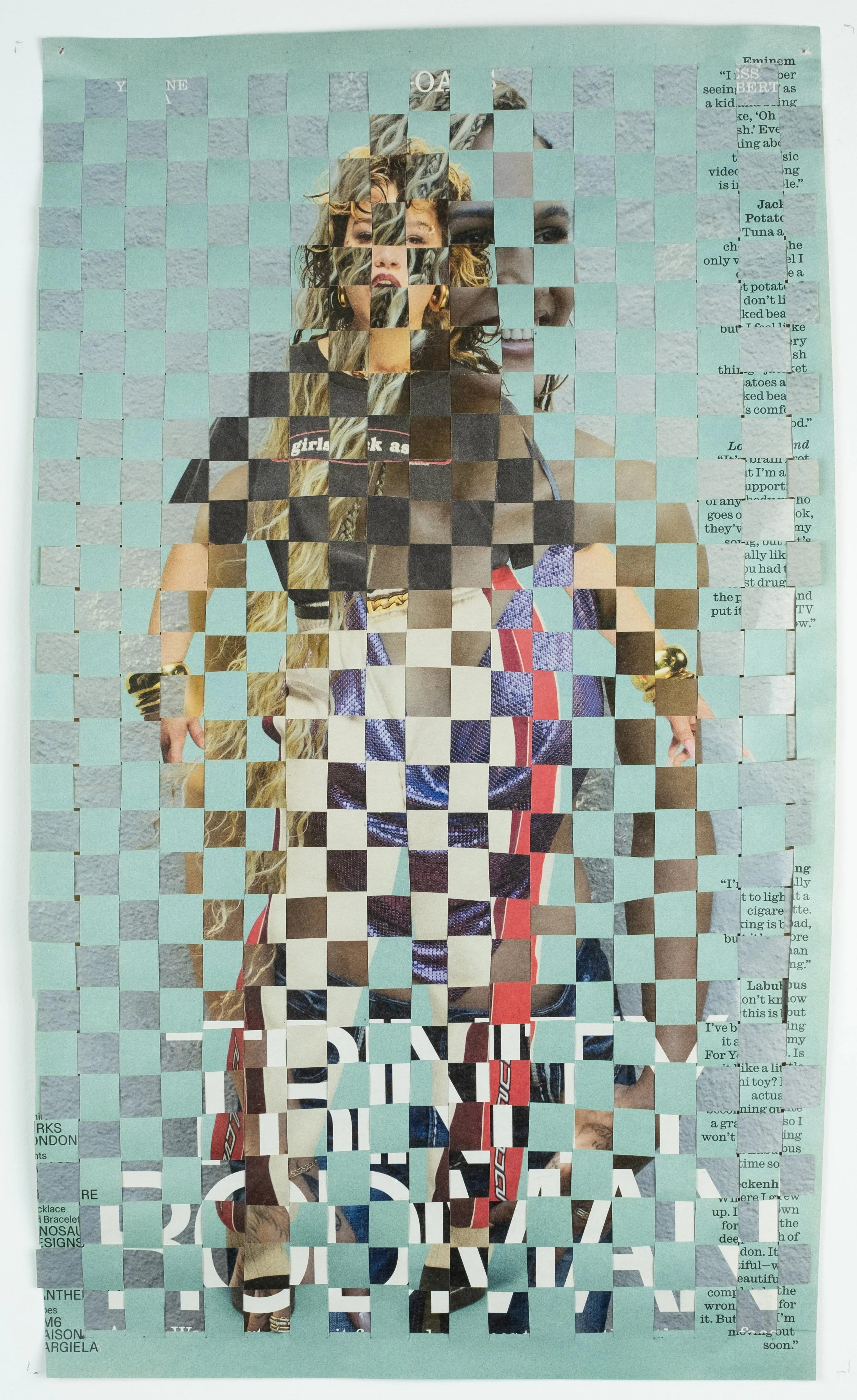   Lola (back) , 2026 woven Interview Magazine pages, 10 × 16.5 in. 