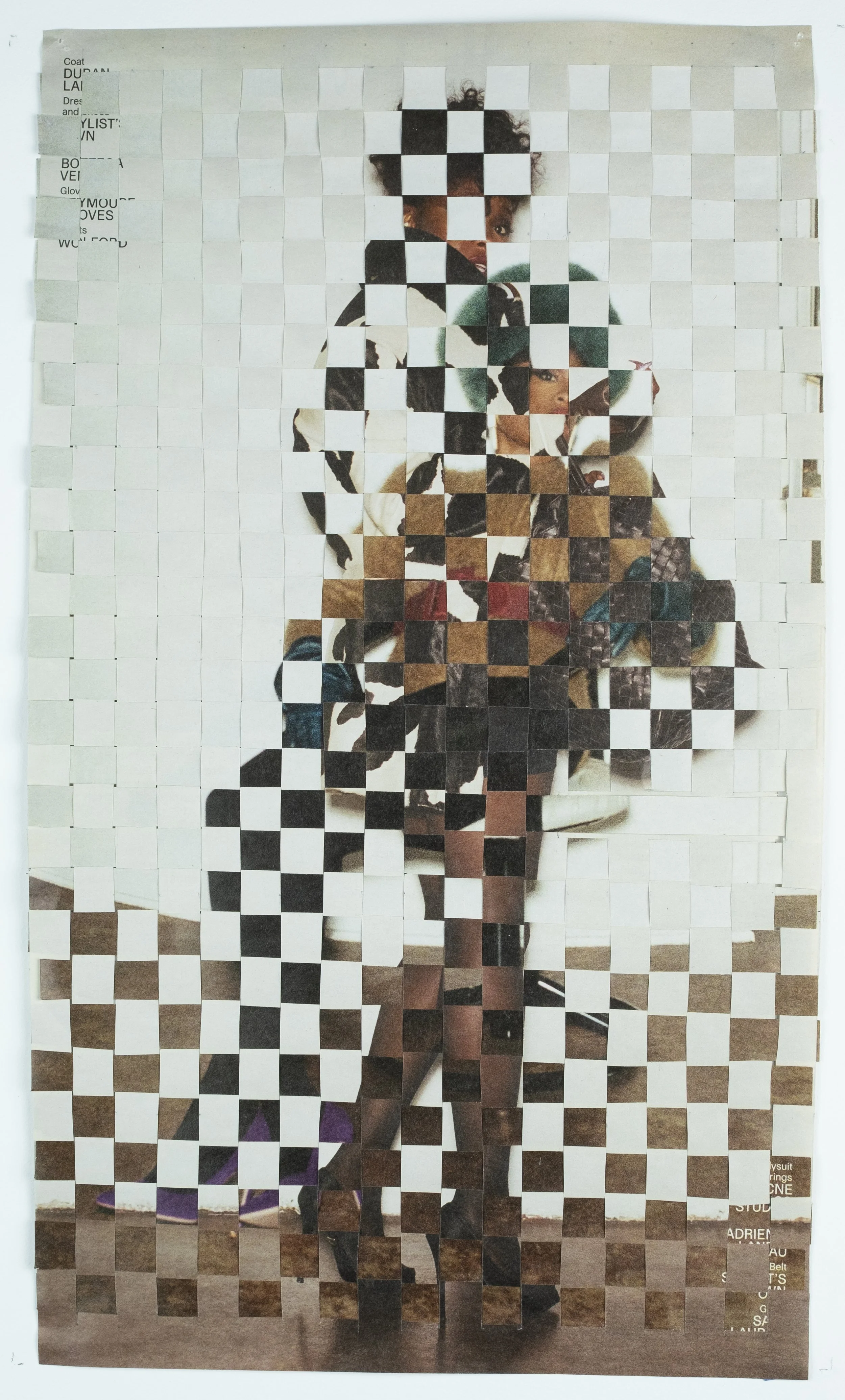   Jennifer (back) , 2026 woven Interview Magazine pages, 10 × 16.5 in. 