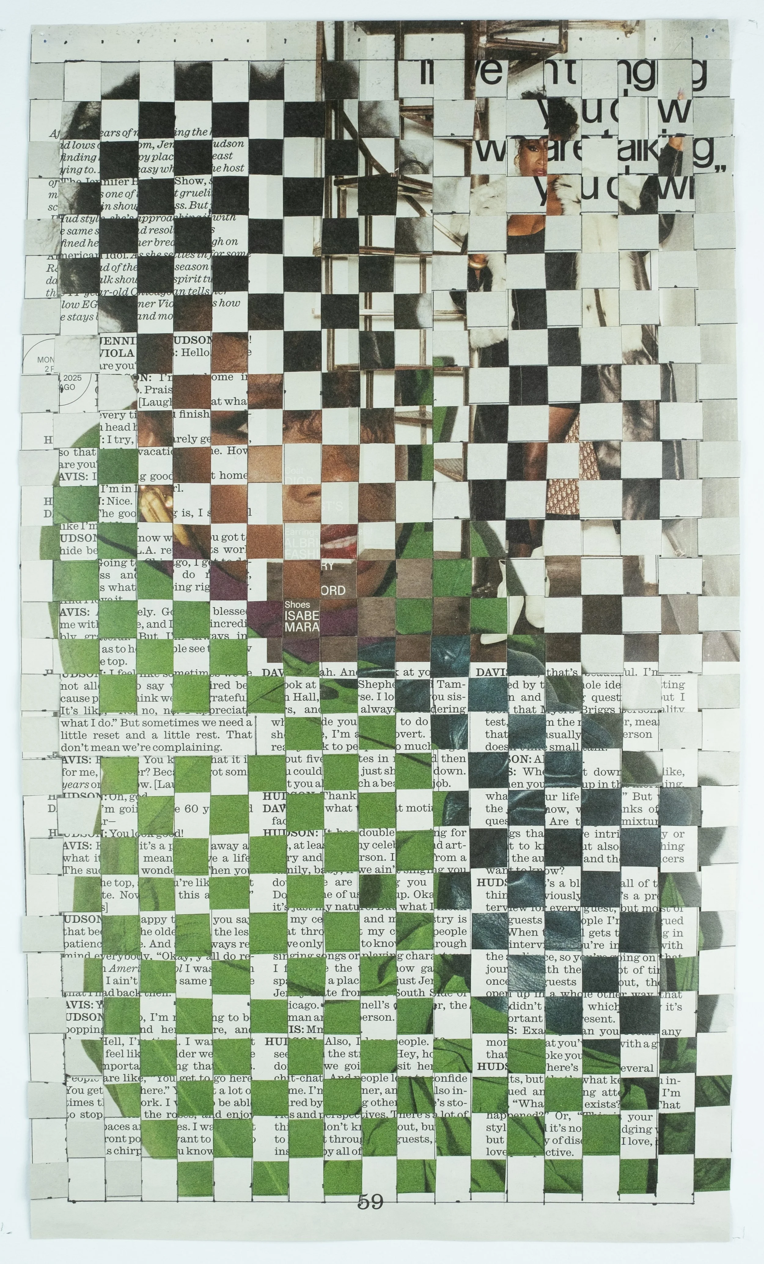   Jennifer (front) , 2026 woven Interview Magazine pages, 10 × 16.5 in. 
