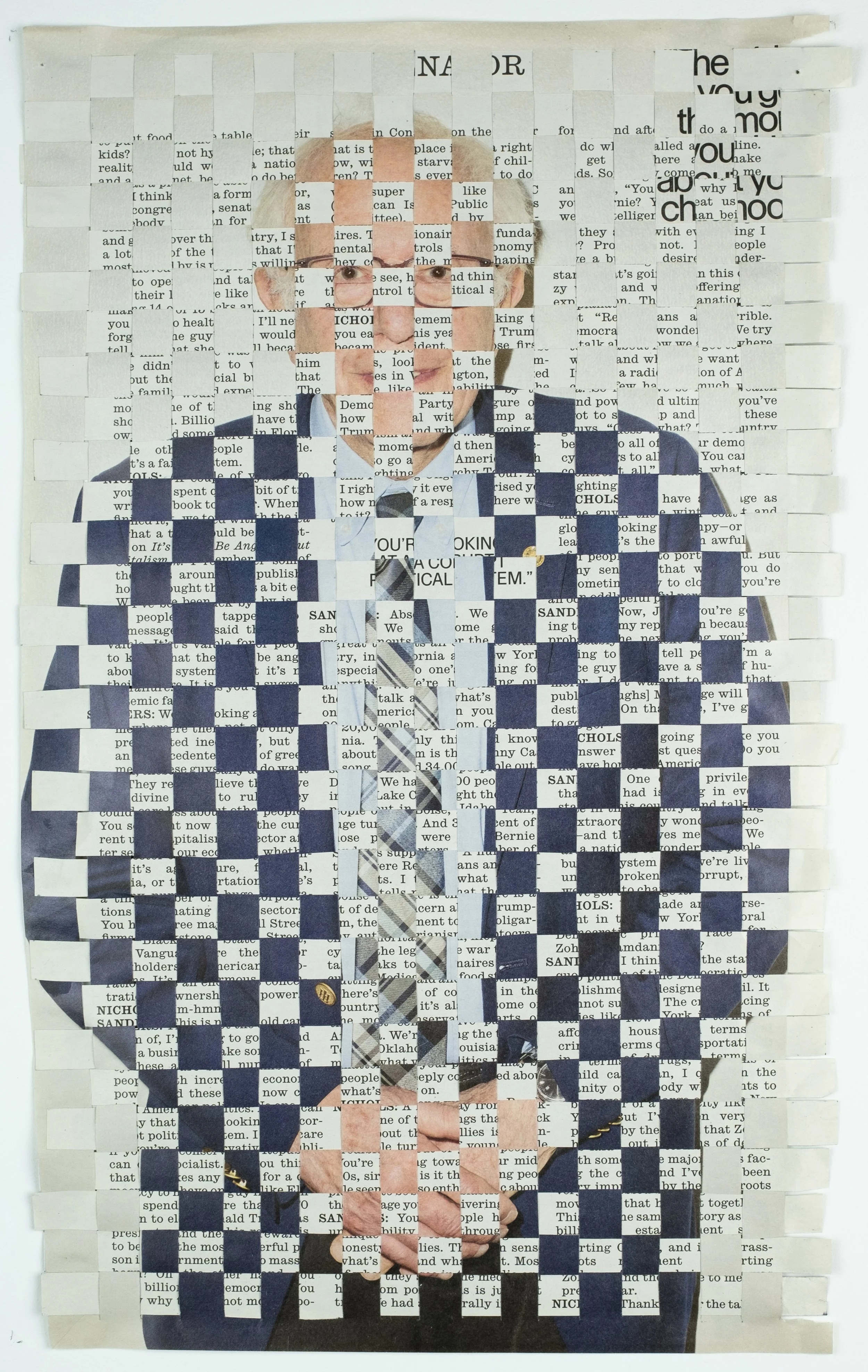 Bernie (front), 2026 woven Interview Magazine pages, 10 × 16.5 in. 