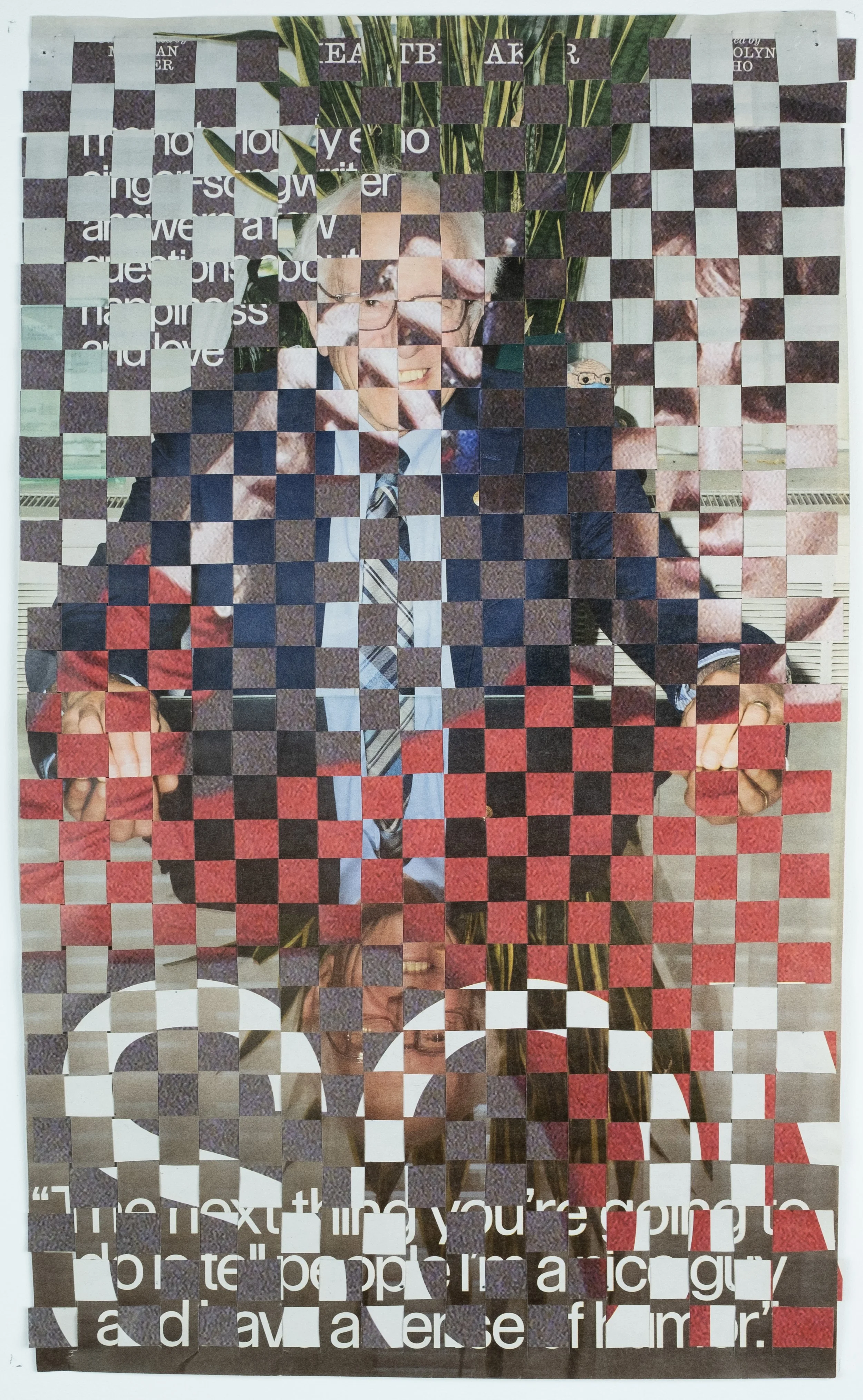   A Sense of Outrage (back) , 2026 woven Interview Magazine pages, 10 × 16.5 in. 