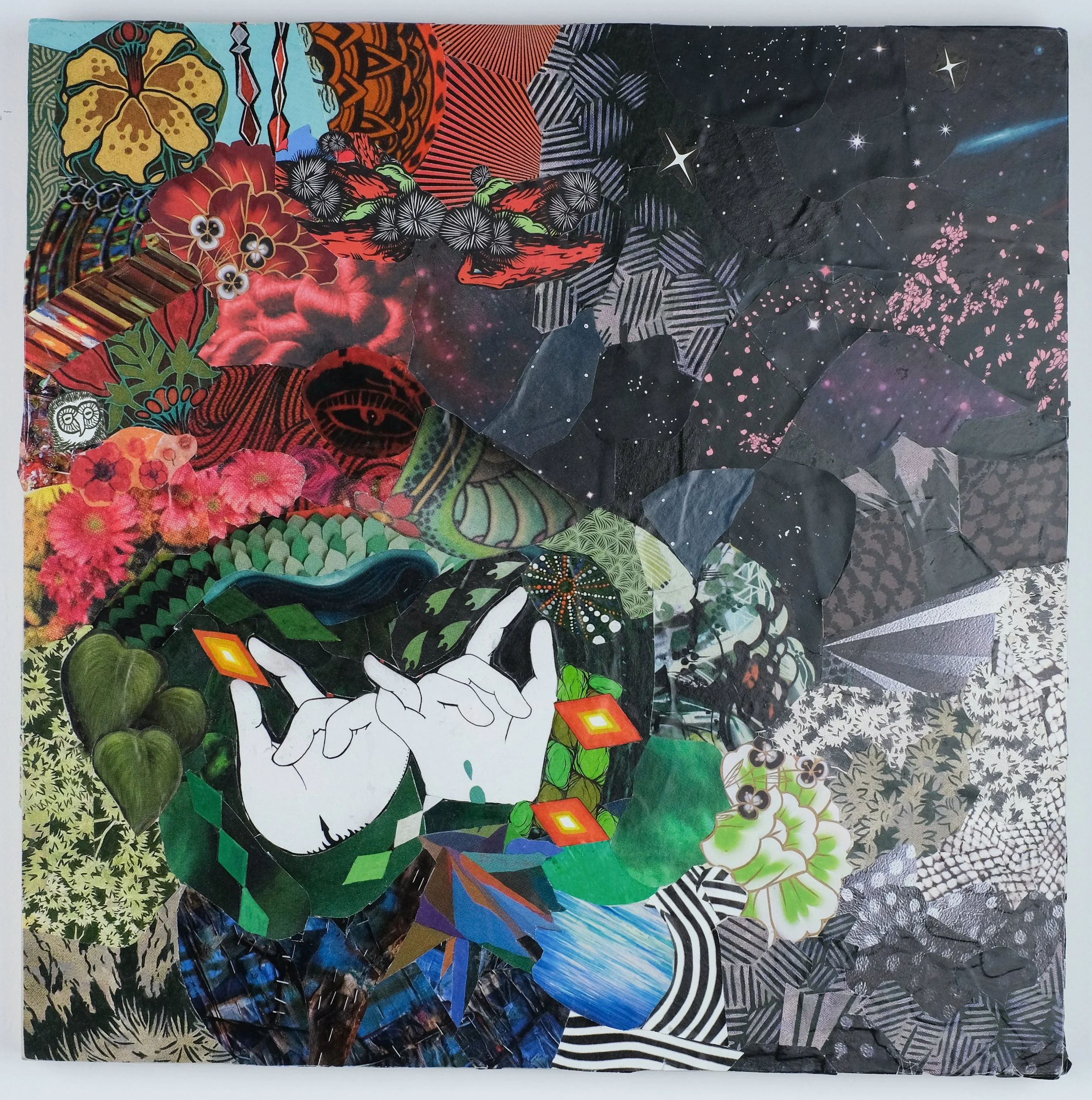   Pinky Promise,  2023 collage on wood panel, 12 × 12 in. 