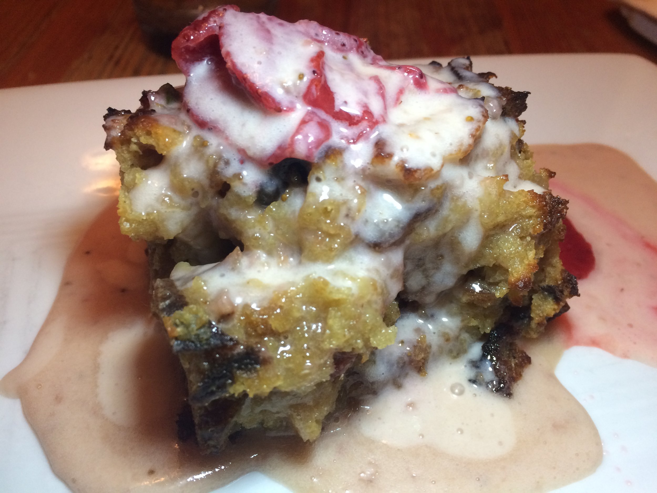  Strawberry Bread Pudding  with crème Anglaise 