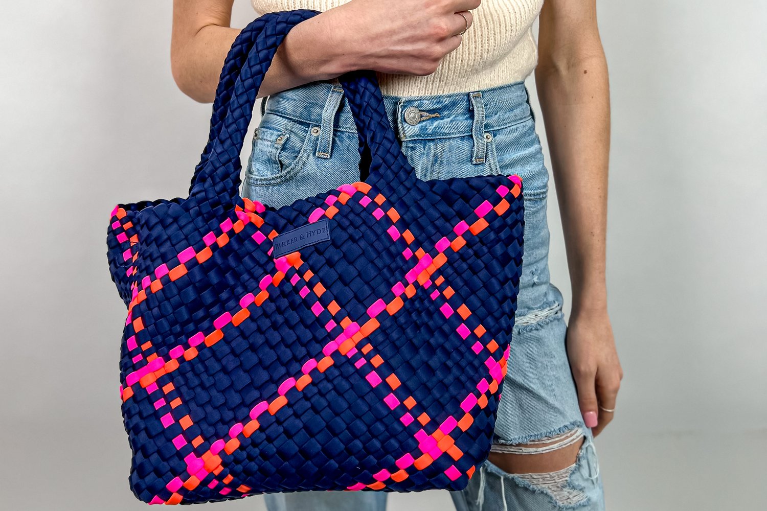 Navy Oversized Woven Tote — Parker & Hyde