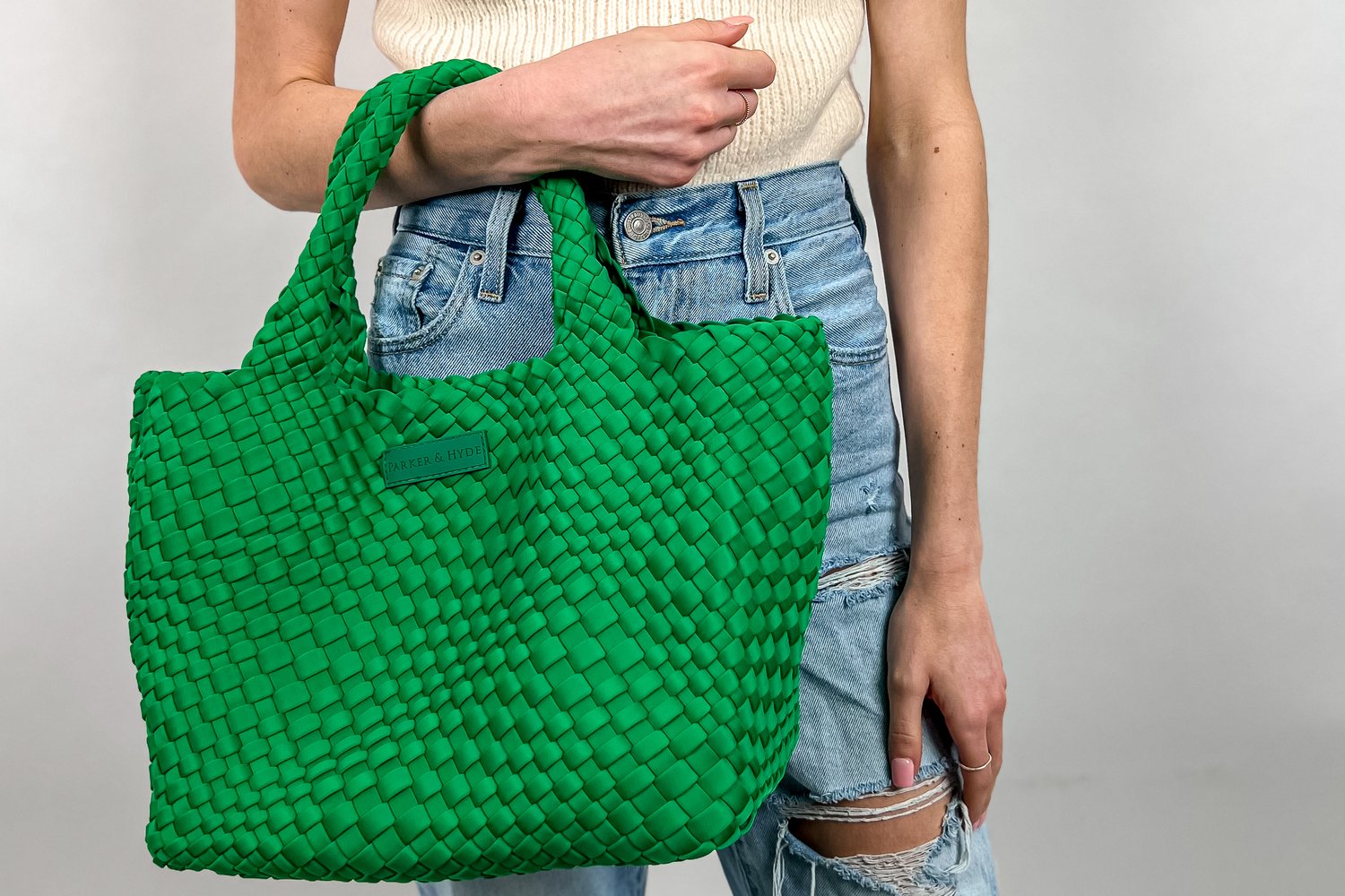 Kelly Tweed & Leather Tote Bag - Green and Pink Plaid