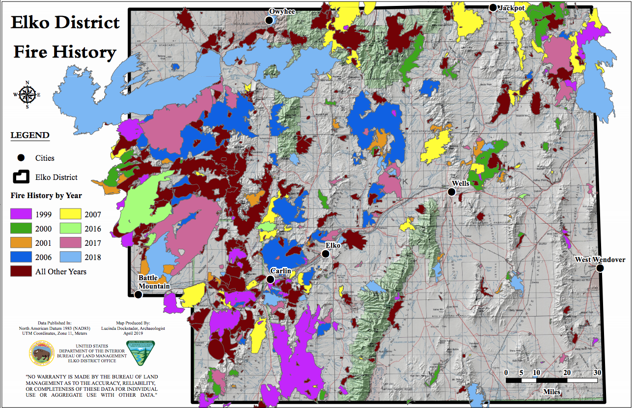 The map shows fire scars dappling northeastern Nevada, looking more like a weather forecast than a fire map. One could imagine those blobs as a forecast for the spread of invasive plants that will stretch across this region and the entire the sagebrush range. This region is at the heart of fire and invasives issues, which made it an ideal location for the journalist workshop.