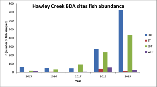Idaho Fish and Game provided the Hawley Creek electro-fishing data, which showed a significant increase in fish abundance. (BRT=rainbow/steelhead, BT=bull trout, EBT=brook trout, WCT=westslope cutthroat trout)