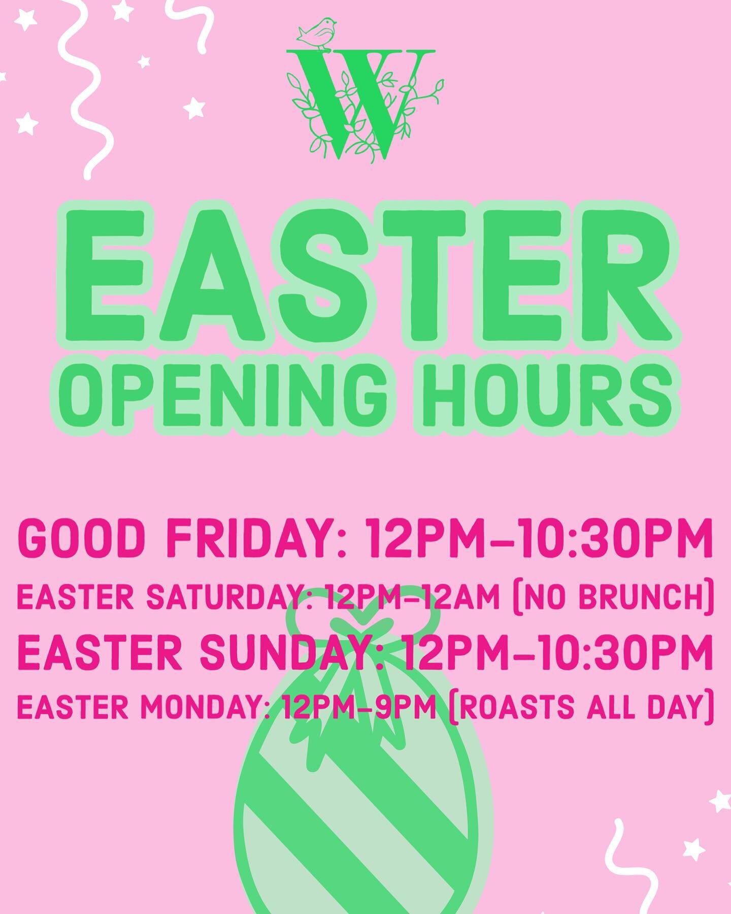 The Easter weekend is coming up, please see our opening hours over the weekend ✨There&rsquo;s no brunch on Saturday but roasts all day on Monday! 🤩