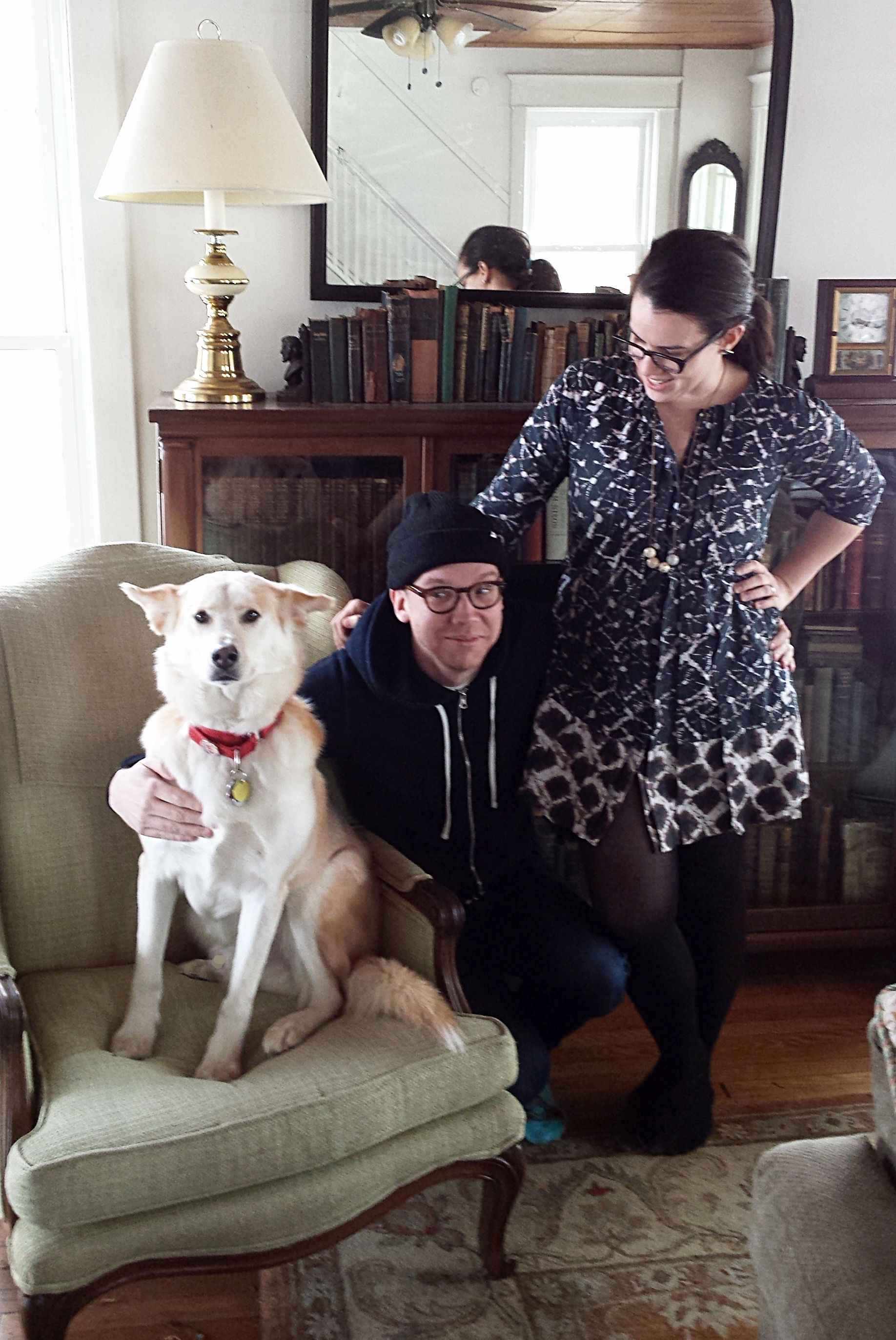 Loki greets Grownups Read Things They Wrote as Kids' host Dan Misener and producer Jenna Zuschlag-Misener