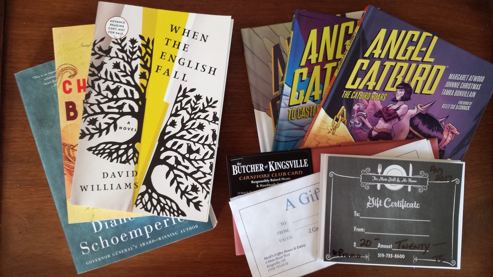A sample of our prize giveaways, including gift certificates from Kingville's best establishments and new works by Margaret Atwood, Diane Schoemperlen, and others.