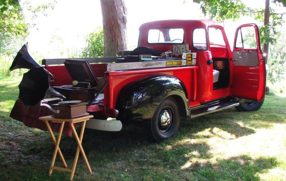 Stephen Phillip's 1945 Chevrolet, with antique phonographs and records