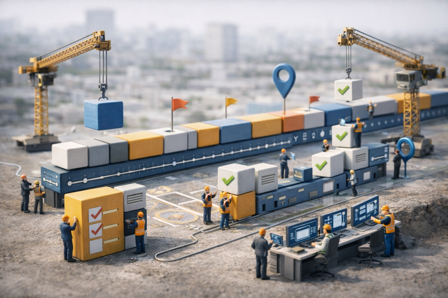 Small people building something with cranes and computers