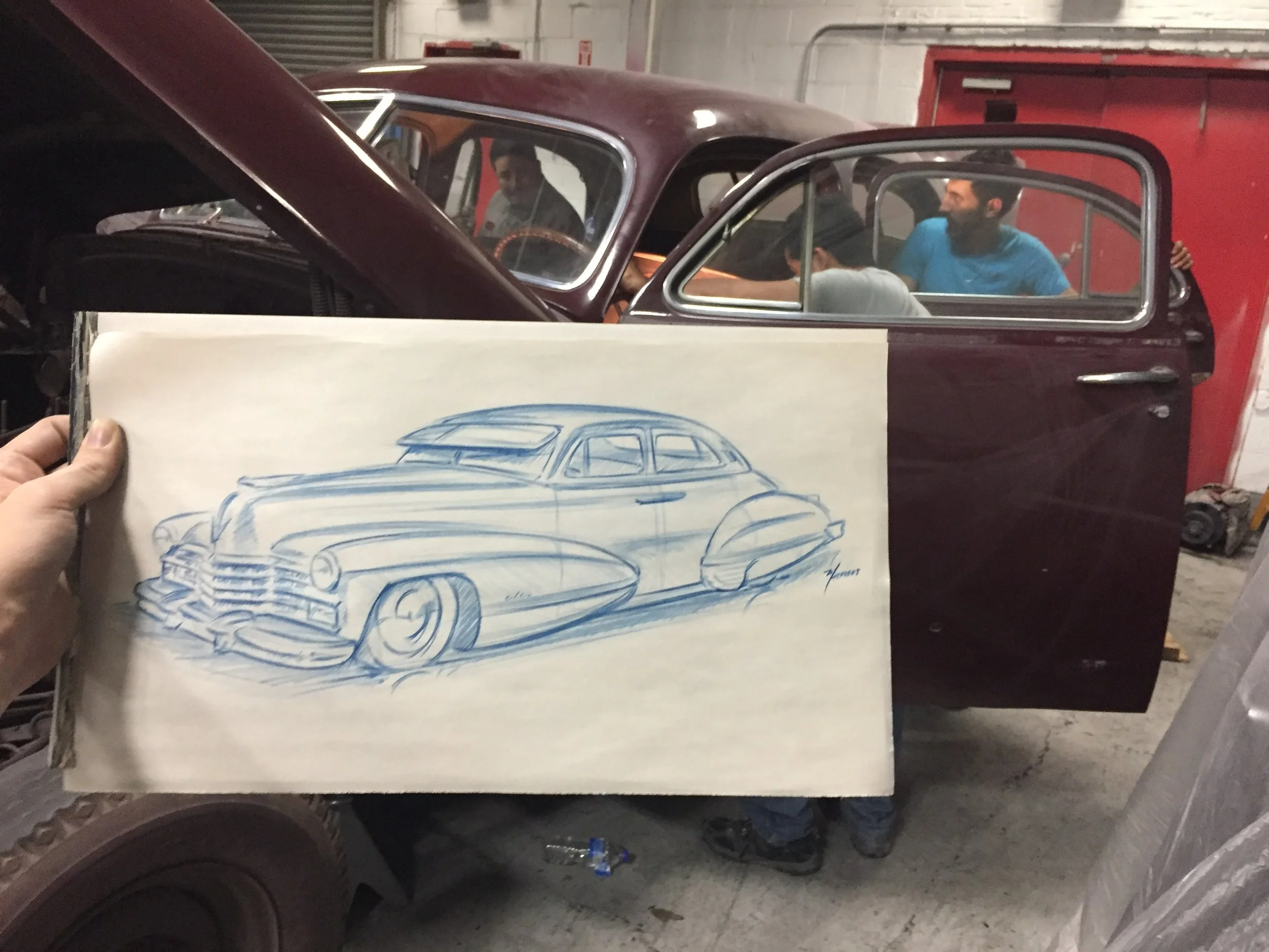 The first sketch of the '47 Cadillac done by Mike Herbert as the interior was taken apart.