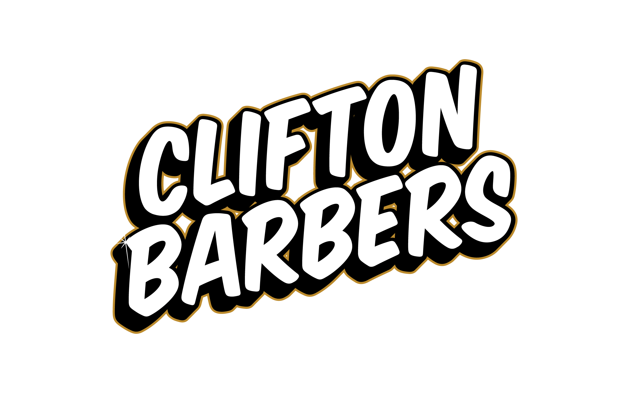 Clifton Barbers logo with white text outlined in gold on a black background.