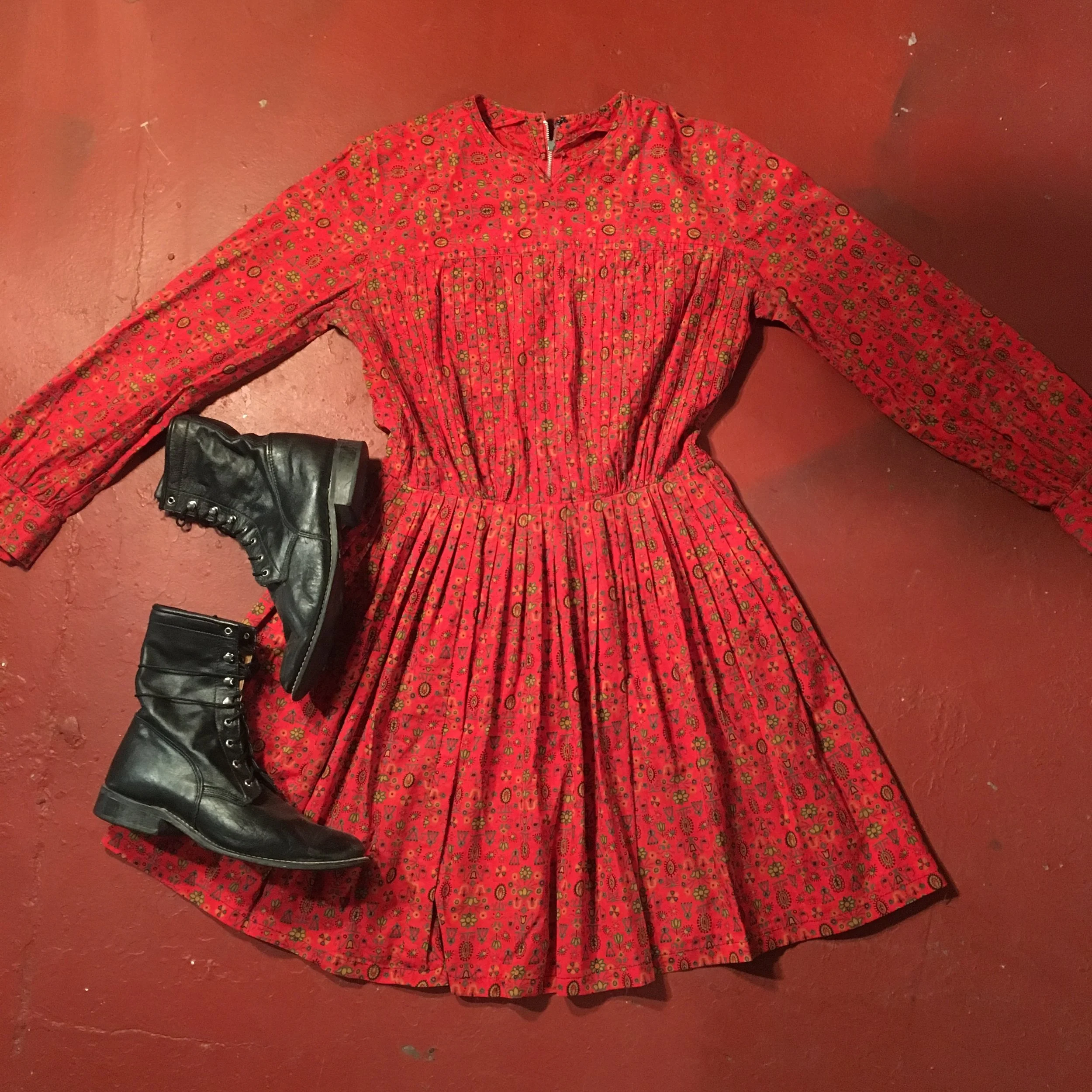 Vintage 60's Red Floral Cotton Dress