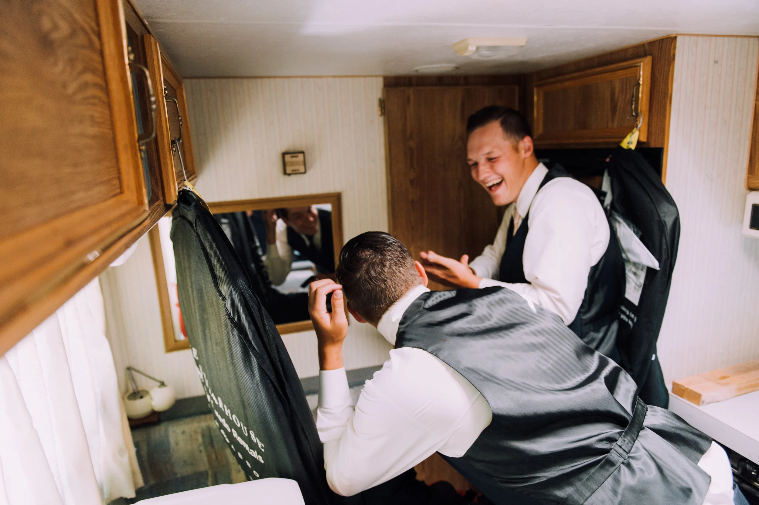 Groomsmen Prep for Wedding, RV Close Quarters - Seattle Wedding