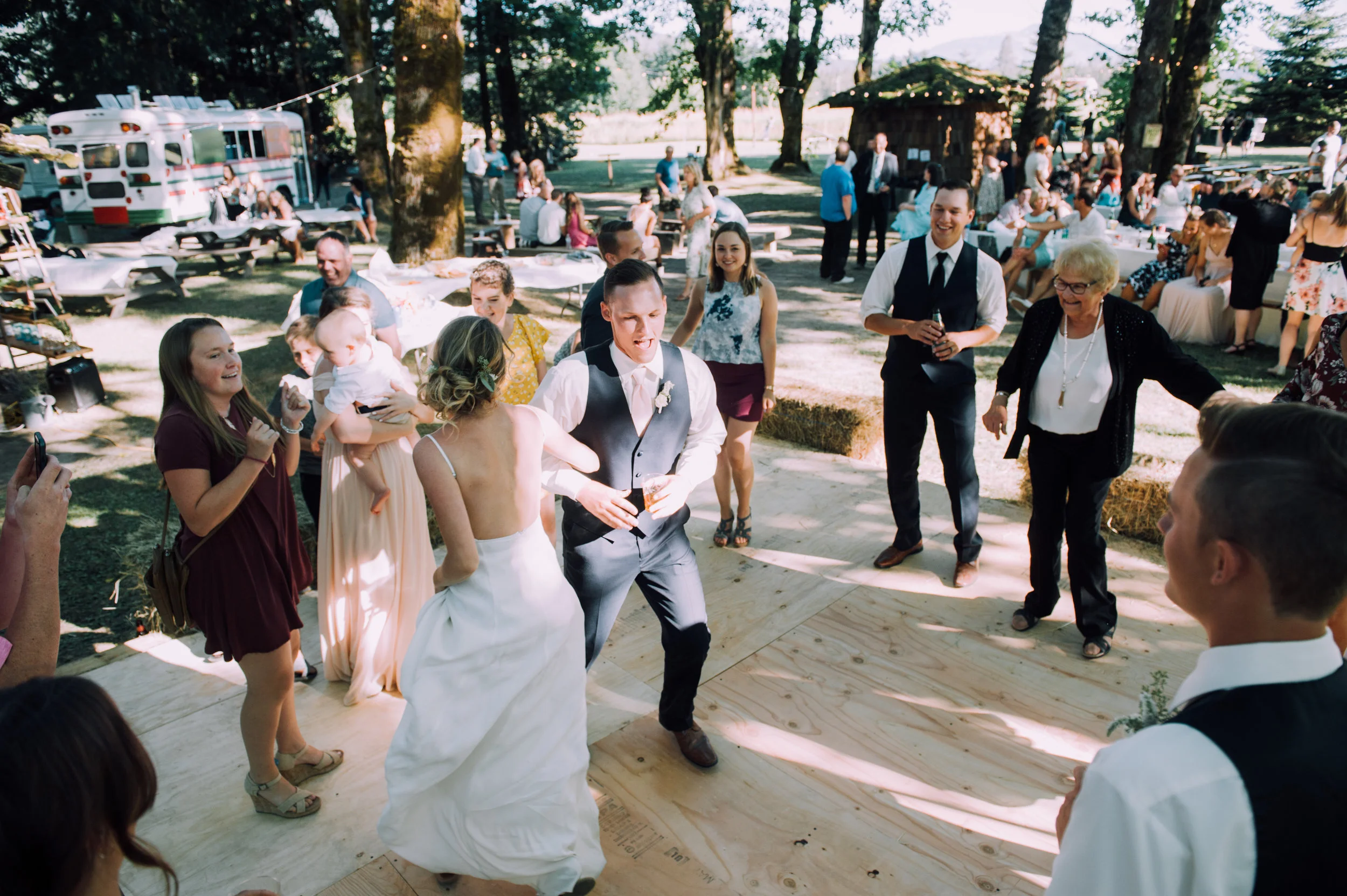 Bride Dances at Country Wooded Documentary Wedding Photography. 