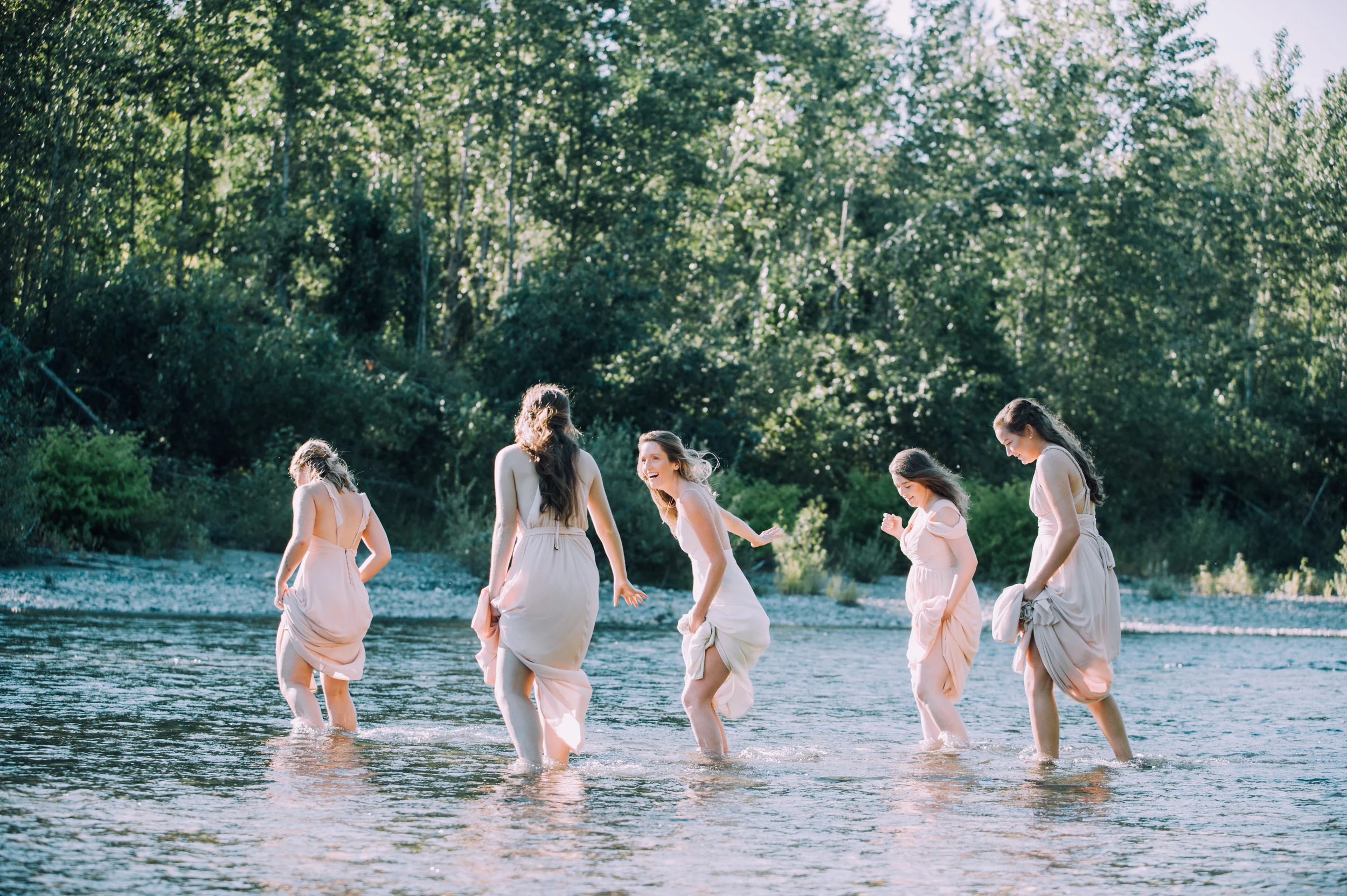 Bridal Party Pixie Playing In River After Wedding Documentary Photography Seattle 