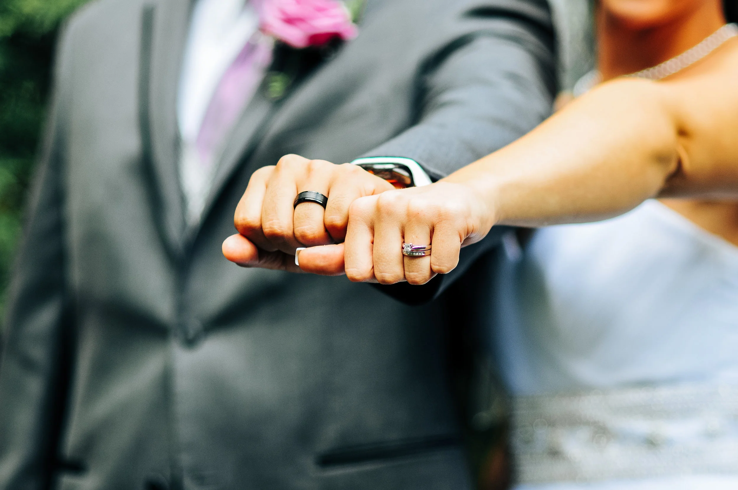 Bride and Groom Show Off Rings Documentary Wooded Seattle Wedding 