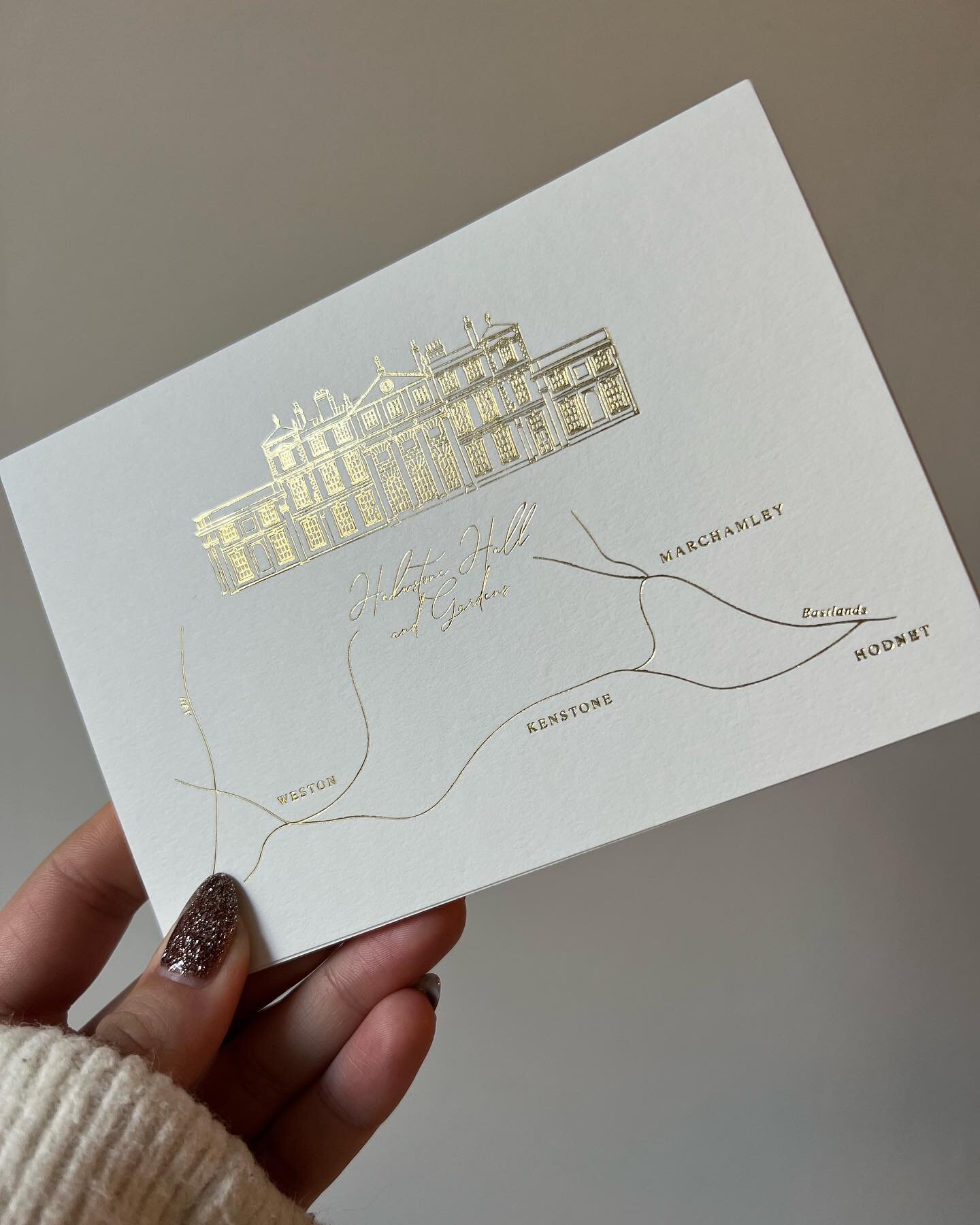 Hot foiled map with venue illustration for J&amp;K
.
.
.
#venueillustration #map #hotfoil #hotfoilprinting #goldfoil #goldfoilstationery #foilco #hotfoilstamping #hawkstonehall #weddingstationery #hawkstonehallwedding #weddingstationerydesign