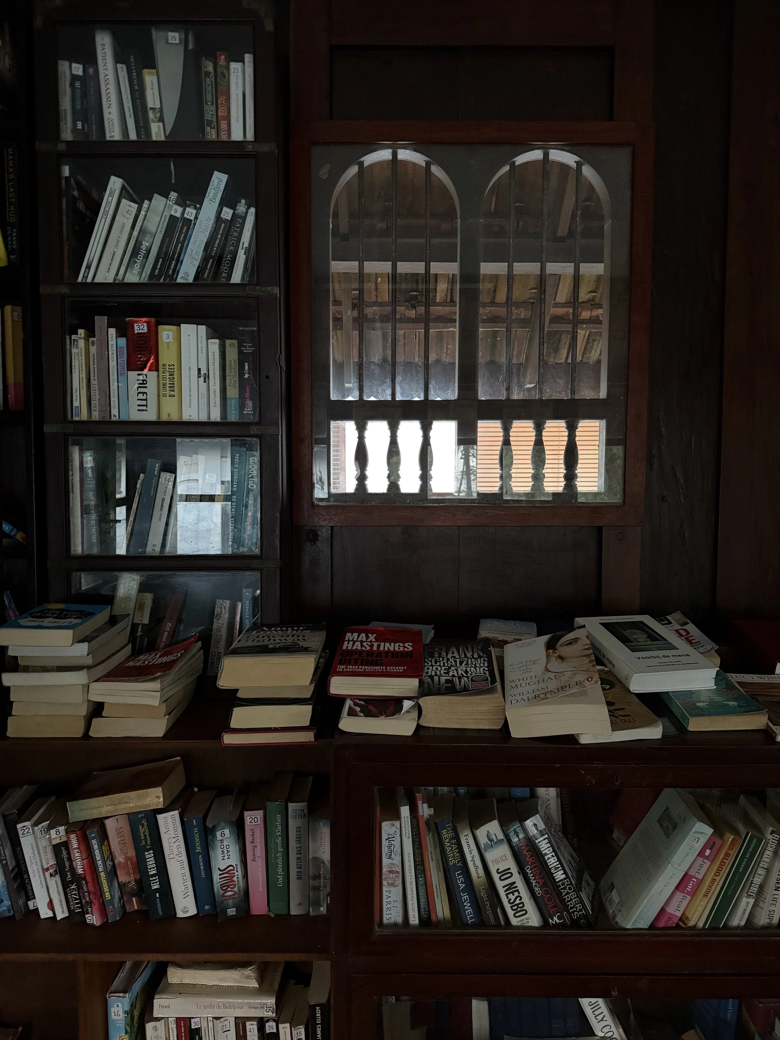 Bookshelves filled with books beside a small window in dim light.