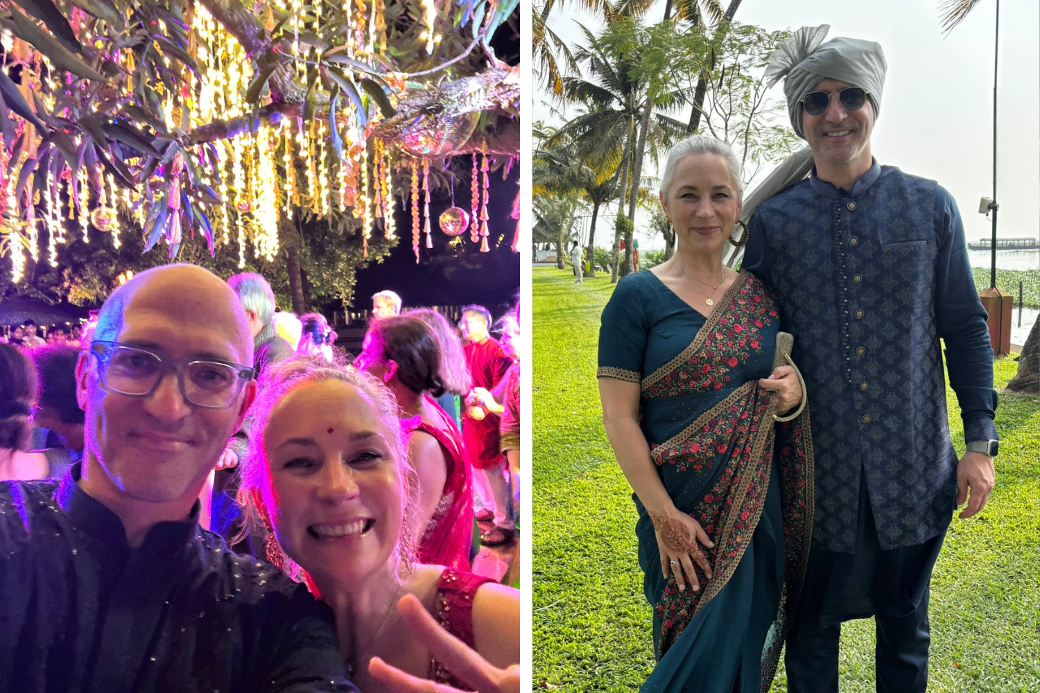 Wedding guests taking a selfie at an outdoor evening celebration in India under hanging lights. And Couple dressed in Indian wedding attire standing on grass near the backwaters in Kerala.
