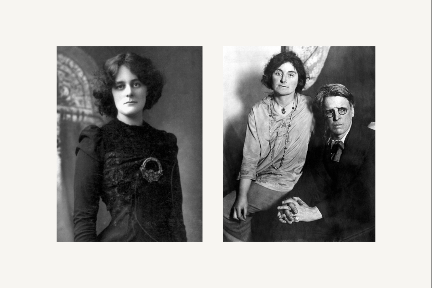 Black and white portraits side by side: Maud Gonne in Victorian dress, and Georgie Hyde-Lees seated beside W.B. Yeats, circa 1917.