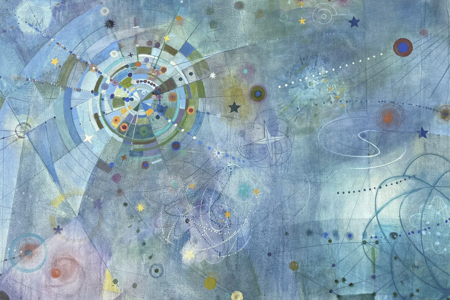 Blue abstract painting featuring circular celestial patterns, star shapes, and orbit-like lines creating a cosmic atmosphere.