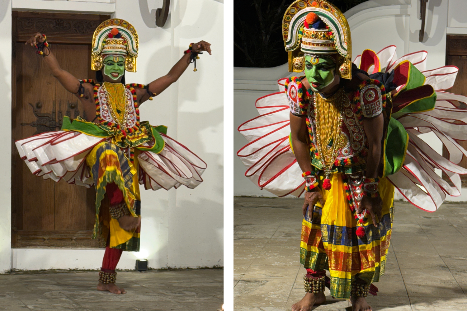 Kathakali dancer in traditional costume with green face paint performing outdoors in Kerala, India.