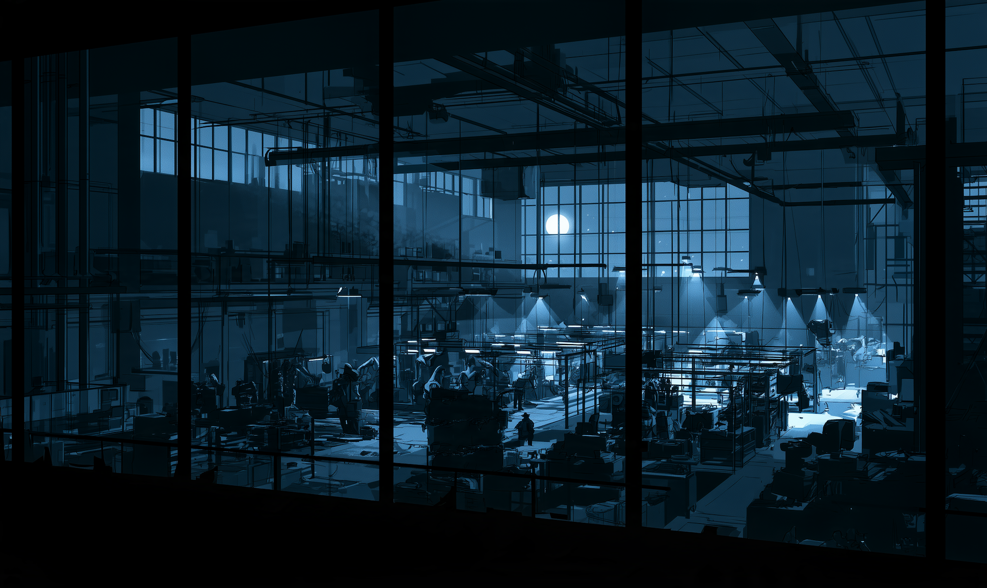 A barely lit factory in blue moonlight looking through a high window